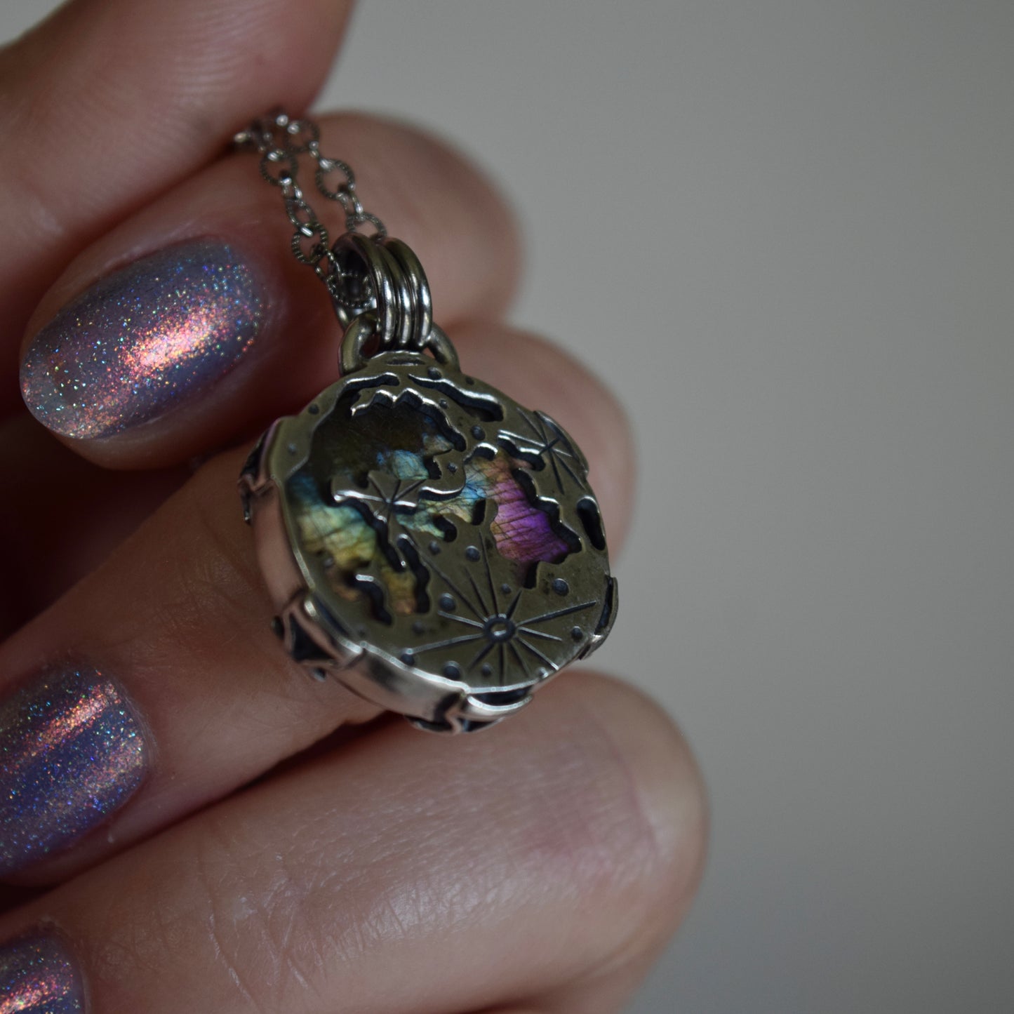 Double Sided Full Moon Kintsugi Repaired Purple Labradorite Necklace