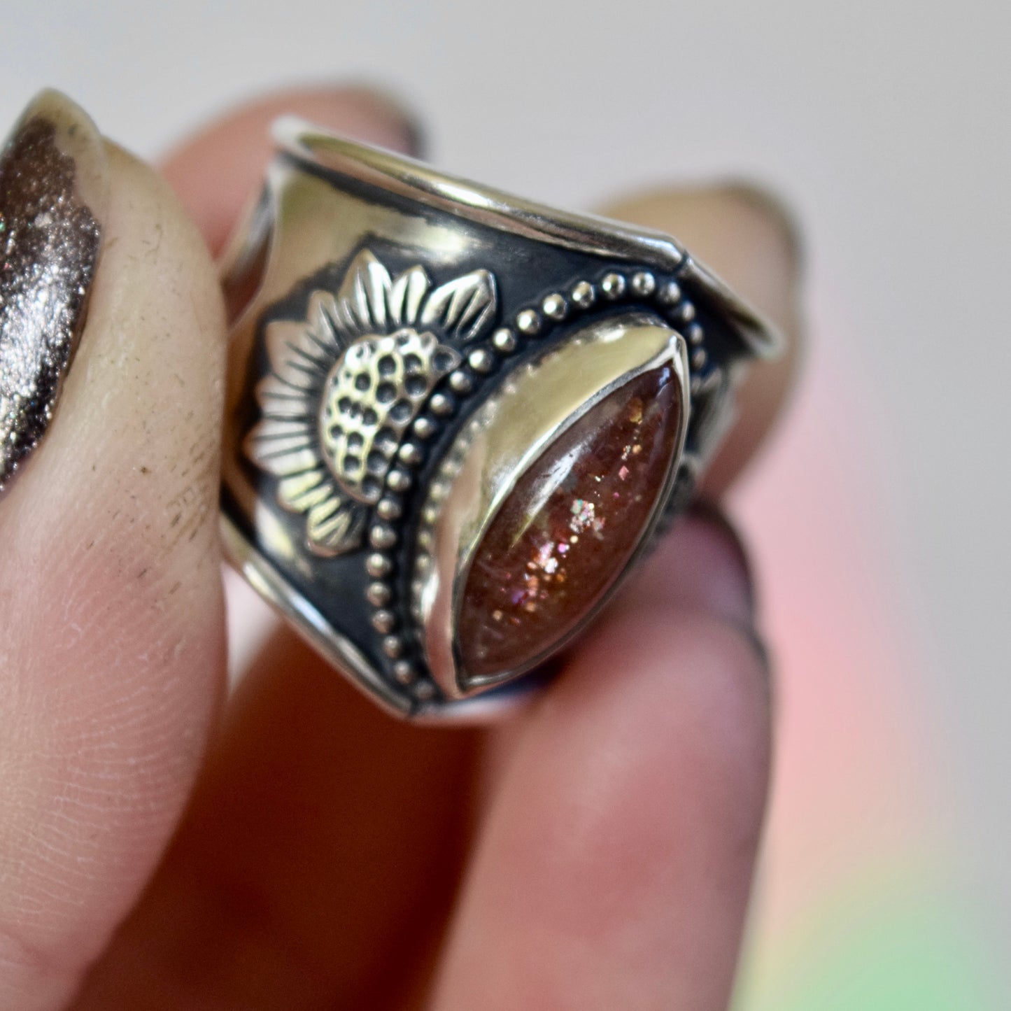 Sunstone Sunflower Statement Ring size 8.5
