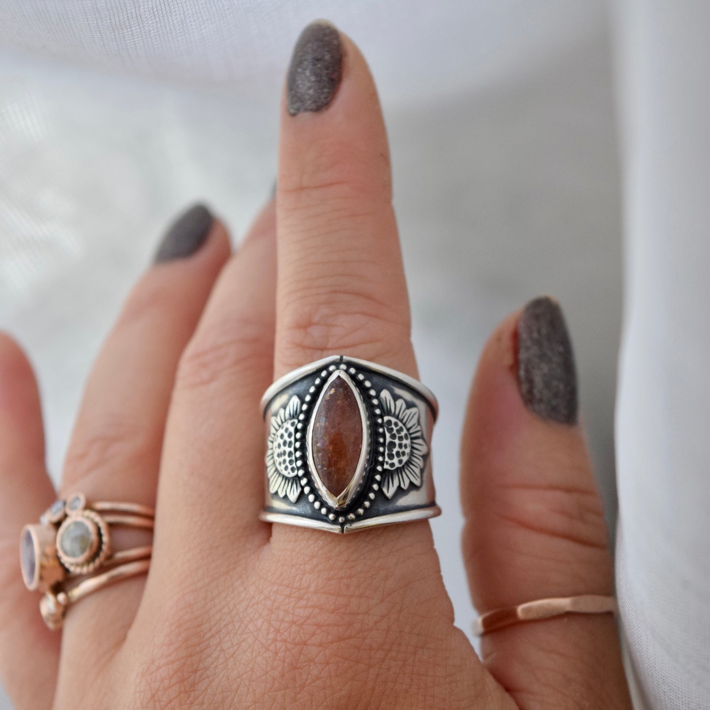Sunstone Sunflower Statement Ring size 8.5
