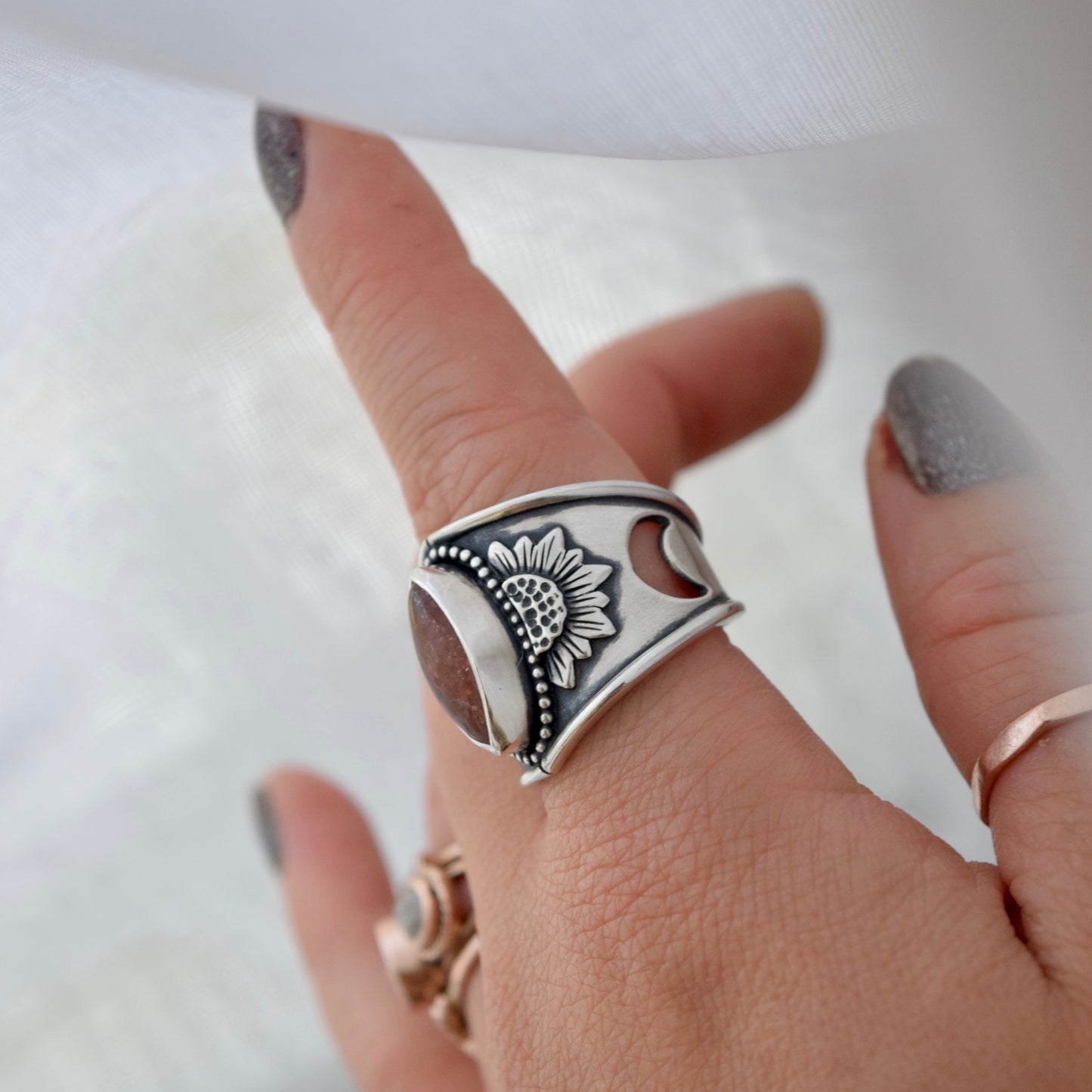 Sunstone Sunflower Statement Ring size 8.5