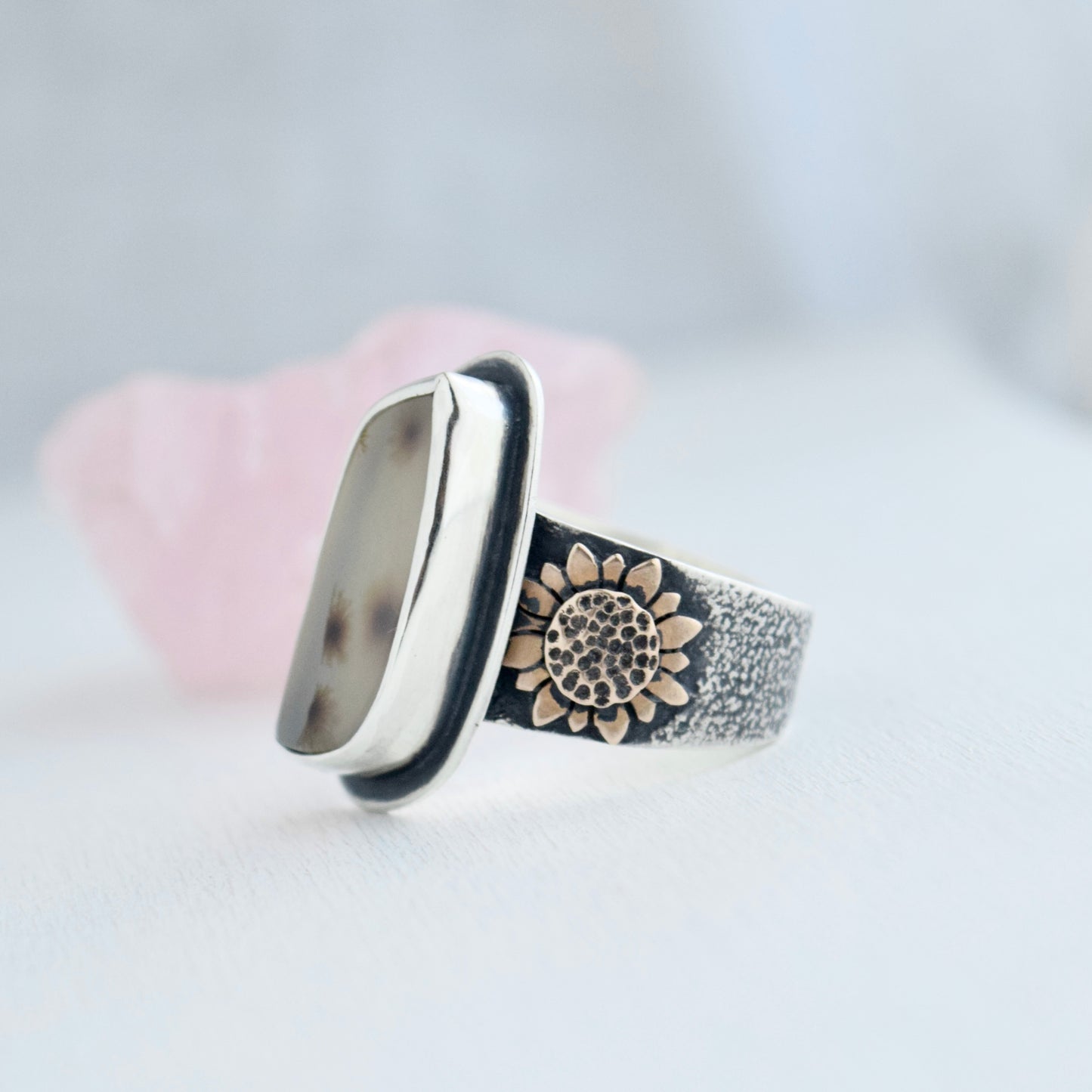 Turn to the Sun Statement Ring with Scenic Dendritic Agate and Bronze size 9.5