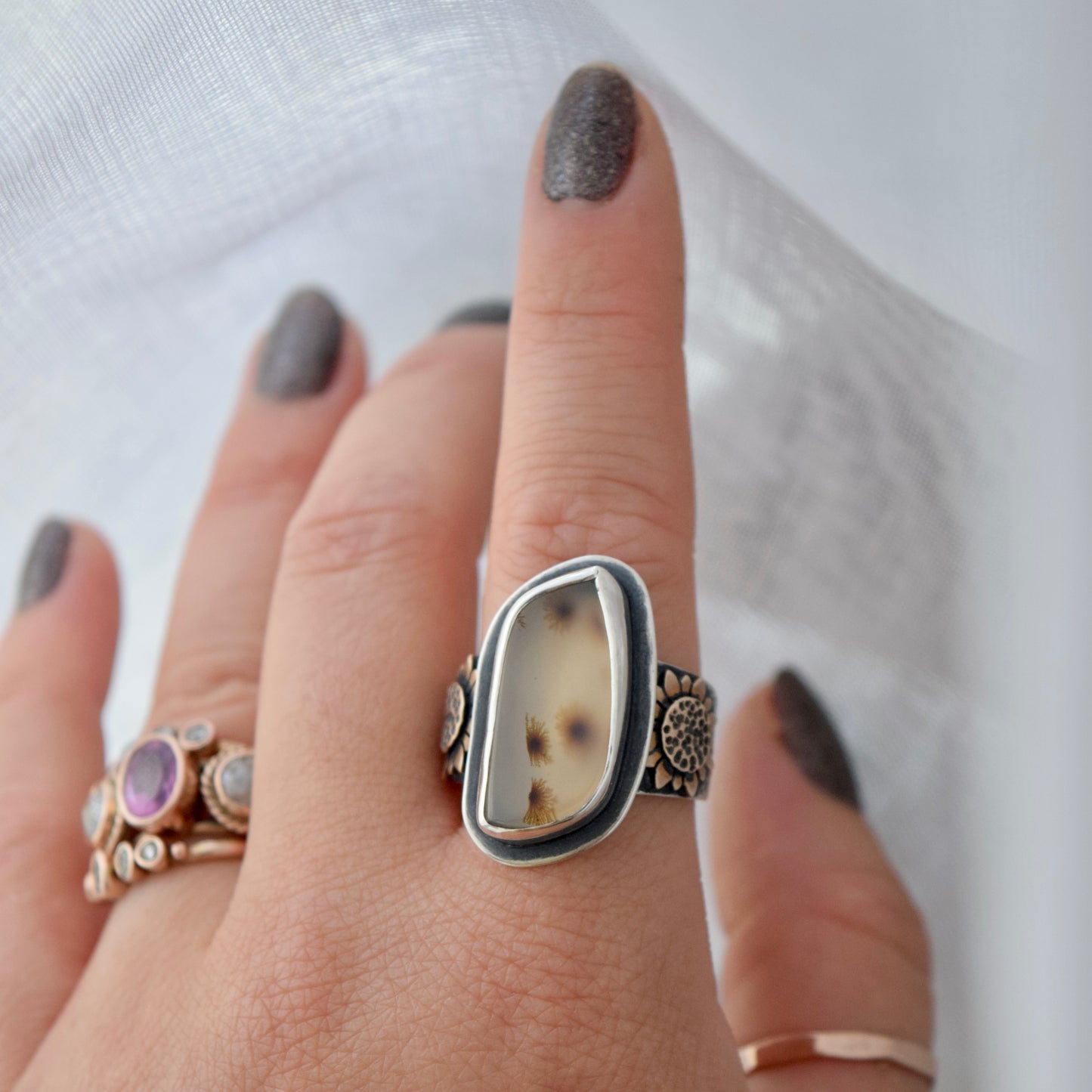 Turn to the Sun Statement Ring with Scenic Dendritic Agate and Bronze size 9.5