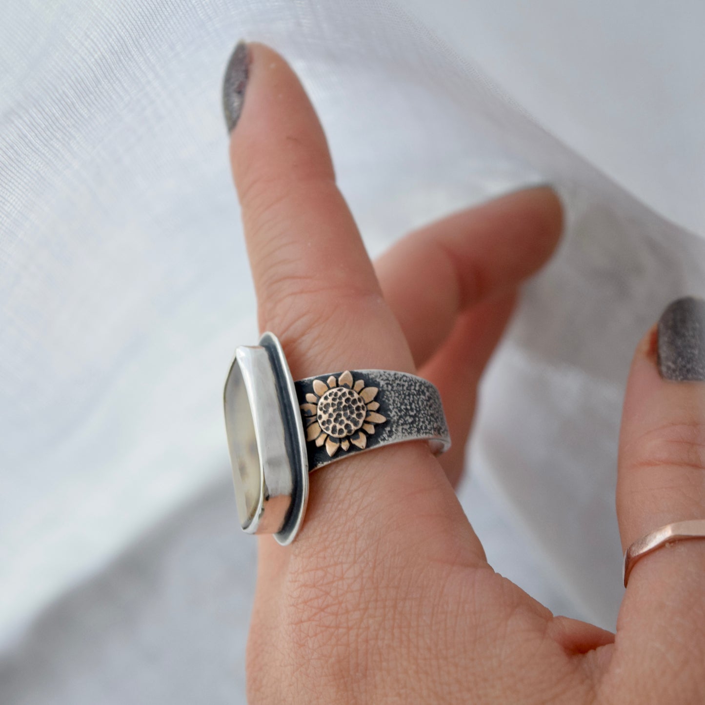 Turn to the Sun Statement Ring with Scenic Dendritic Agate and Bronze size 9.5