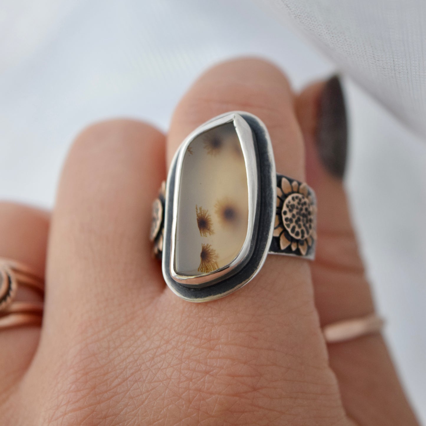 Turn to the Sun Statement Ring with Scenic Dendritic Agate and Bronze size 9.5