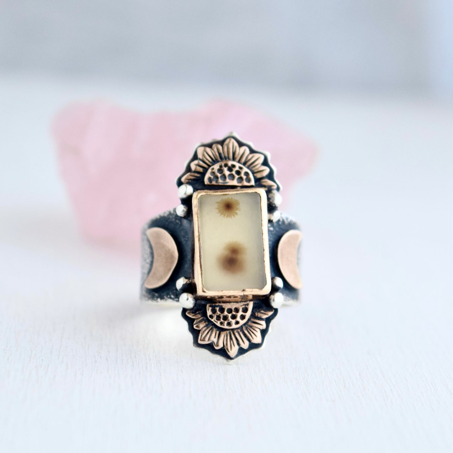 Turn to the Sun Statement Ring with Scenic Dendritic Agate, Bronze, and Gold Fill size 7