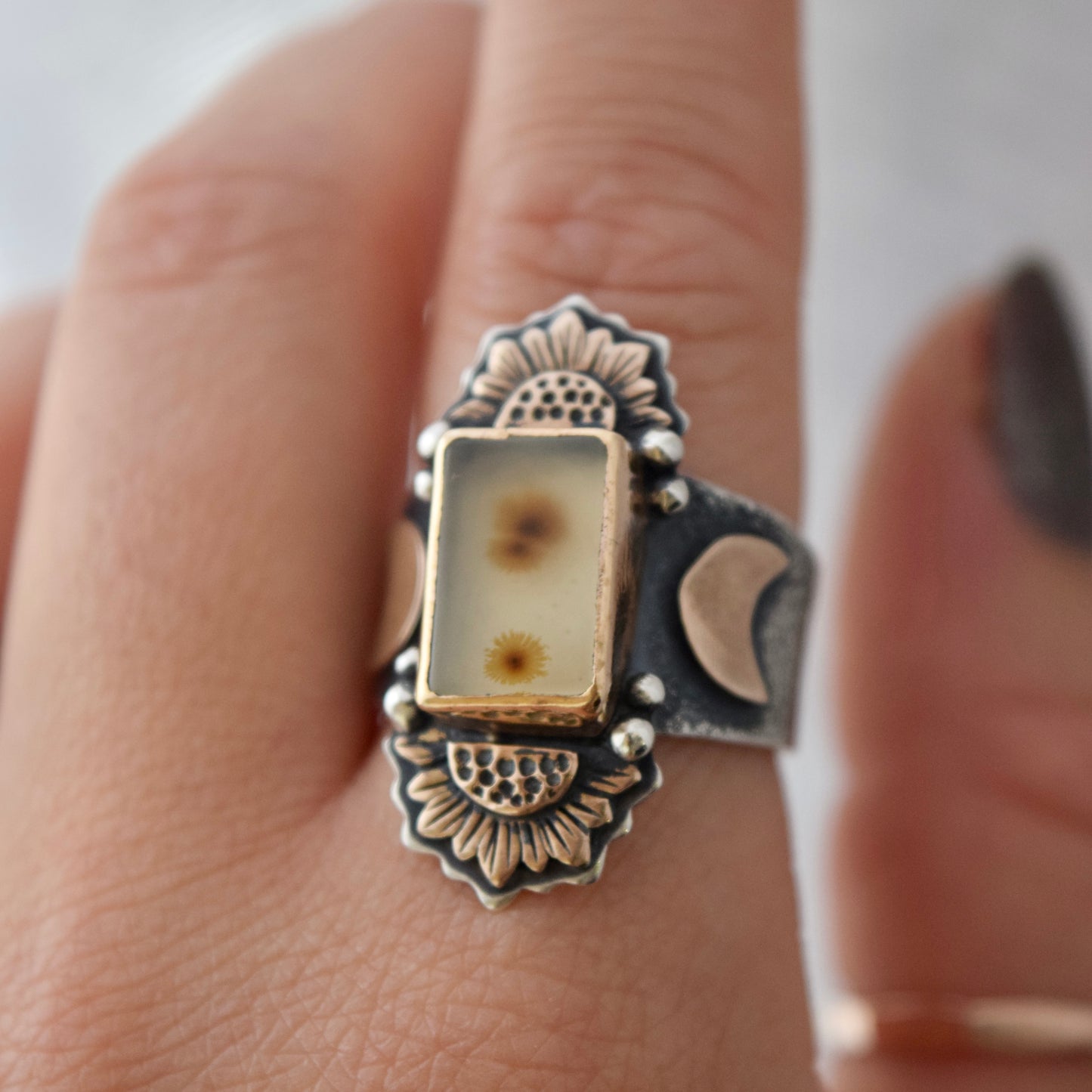 Turn to the Sun Statement Ring with Scenic Dendritic Agate, Bronze, and Gold Fill size 7