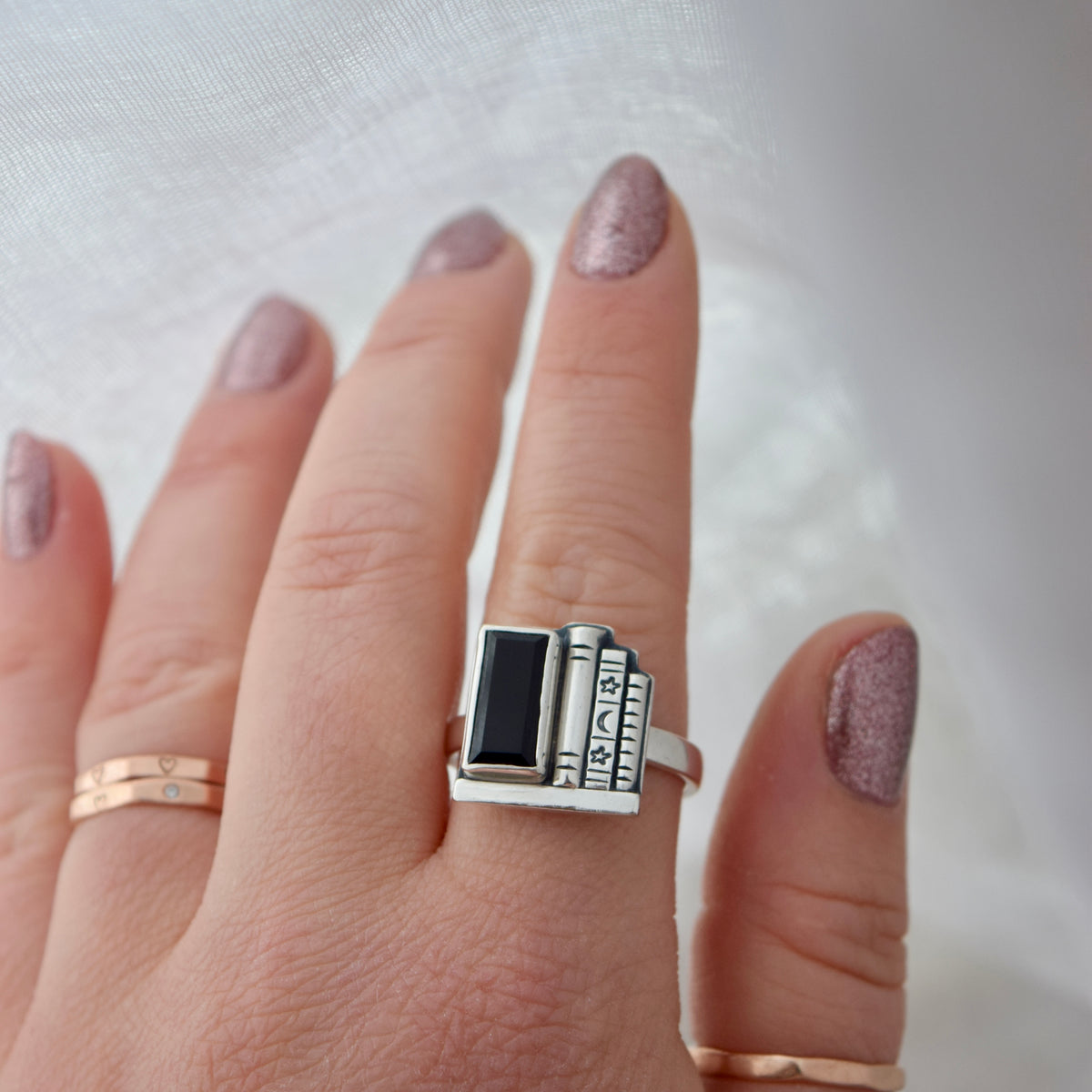 Bookshelf Ring with Faceted Black Onyx Size 10