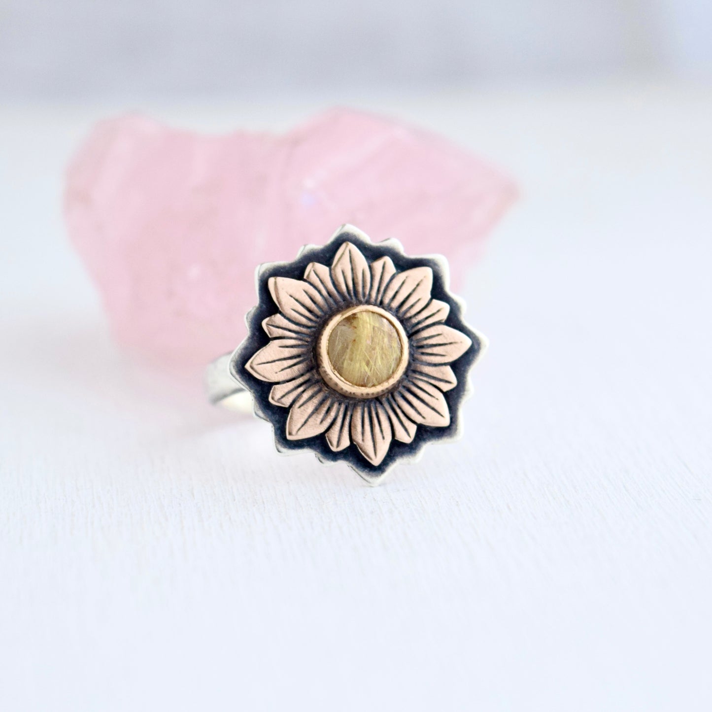 Sunflower Ring with Bronze, Gold Fill, and Golden Rutilated Quartz size 7