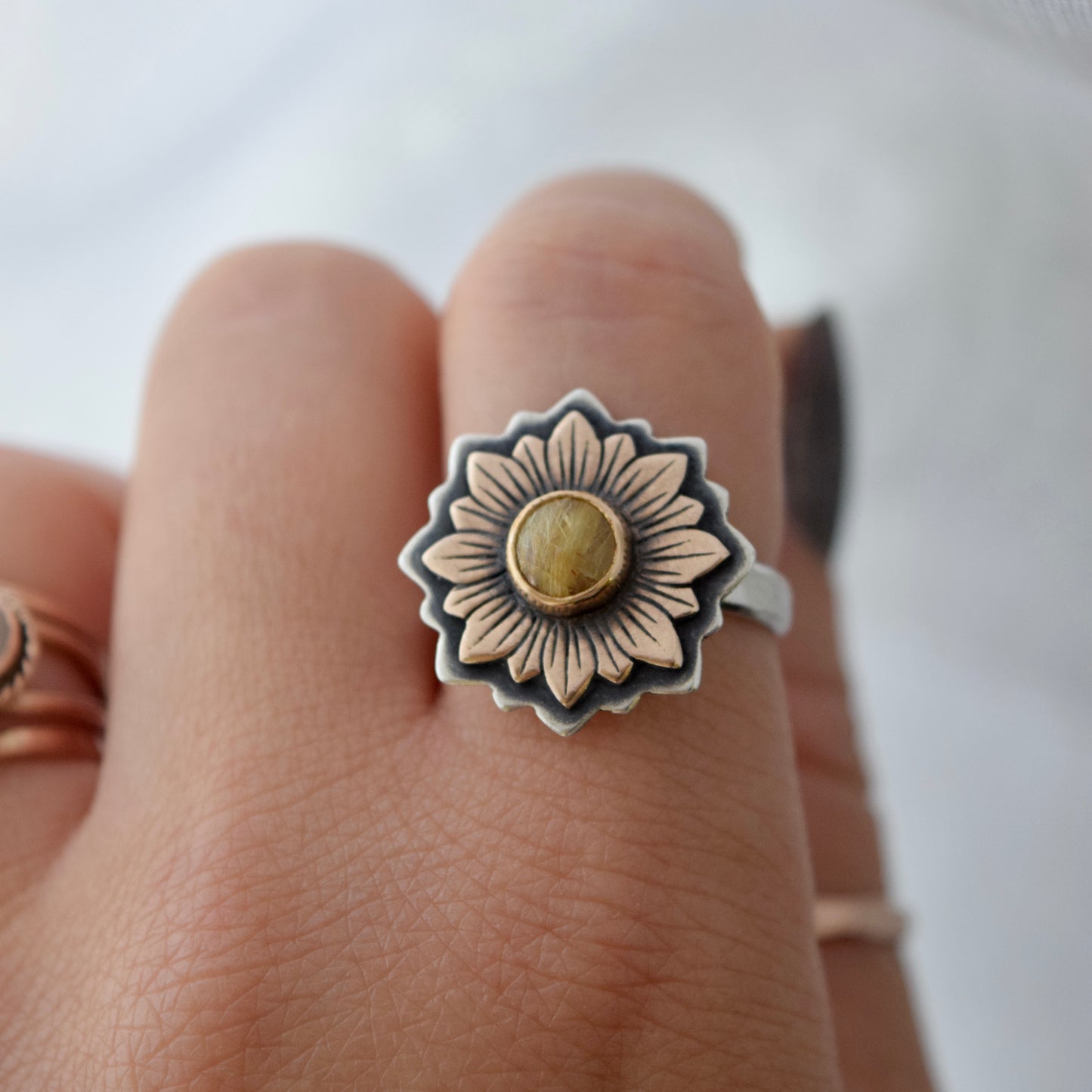 Sunflower Ring with Bronze, Gold Fill, and Golden Rutilated Quartz size 7
