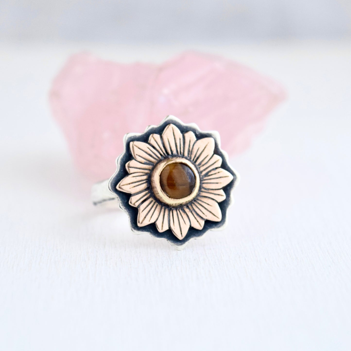 Sunflower Ring with Bronze, Gold Fill, and Tigers Eye size 8.25
