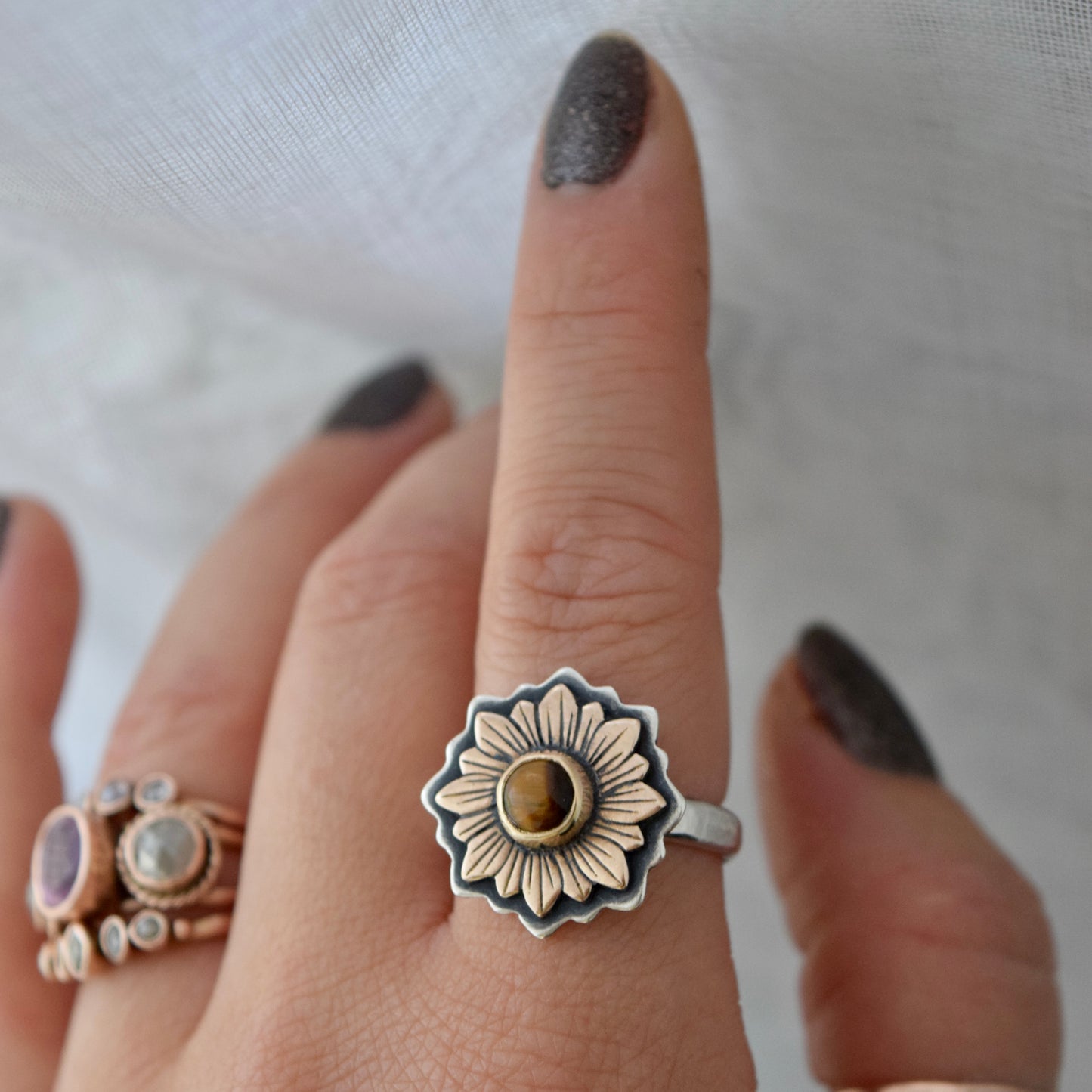 Sunflower Ring with Bronze, Gold Fill, and Tigers Eye size 8.25