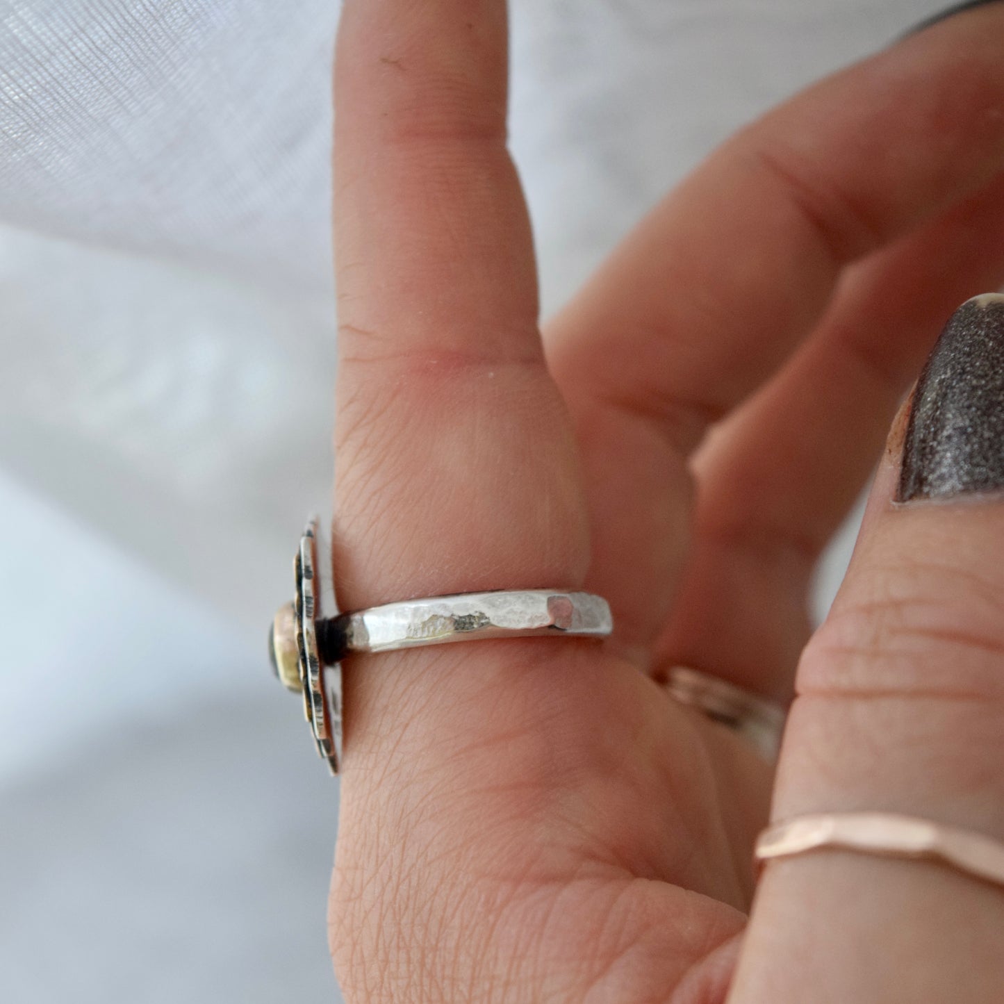 Sunflower Ring with Bronze, Gold Fill, and Tigers Eye size 8.25