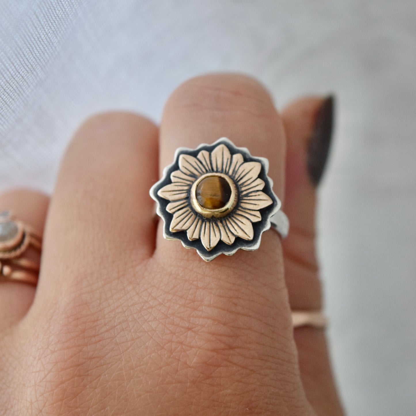 Sunflower Ring with Bronze, Gold Fill, and Tigers Eye size 8.25