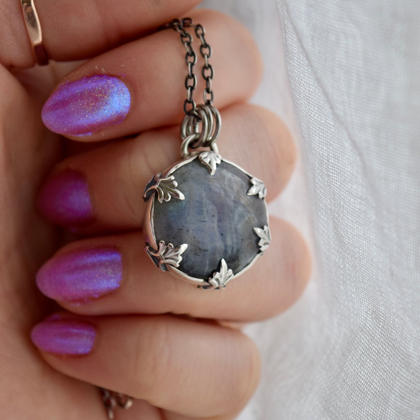 Double Sided Full Moon Purple Labradorite Necklace