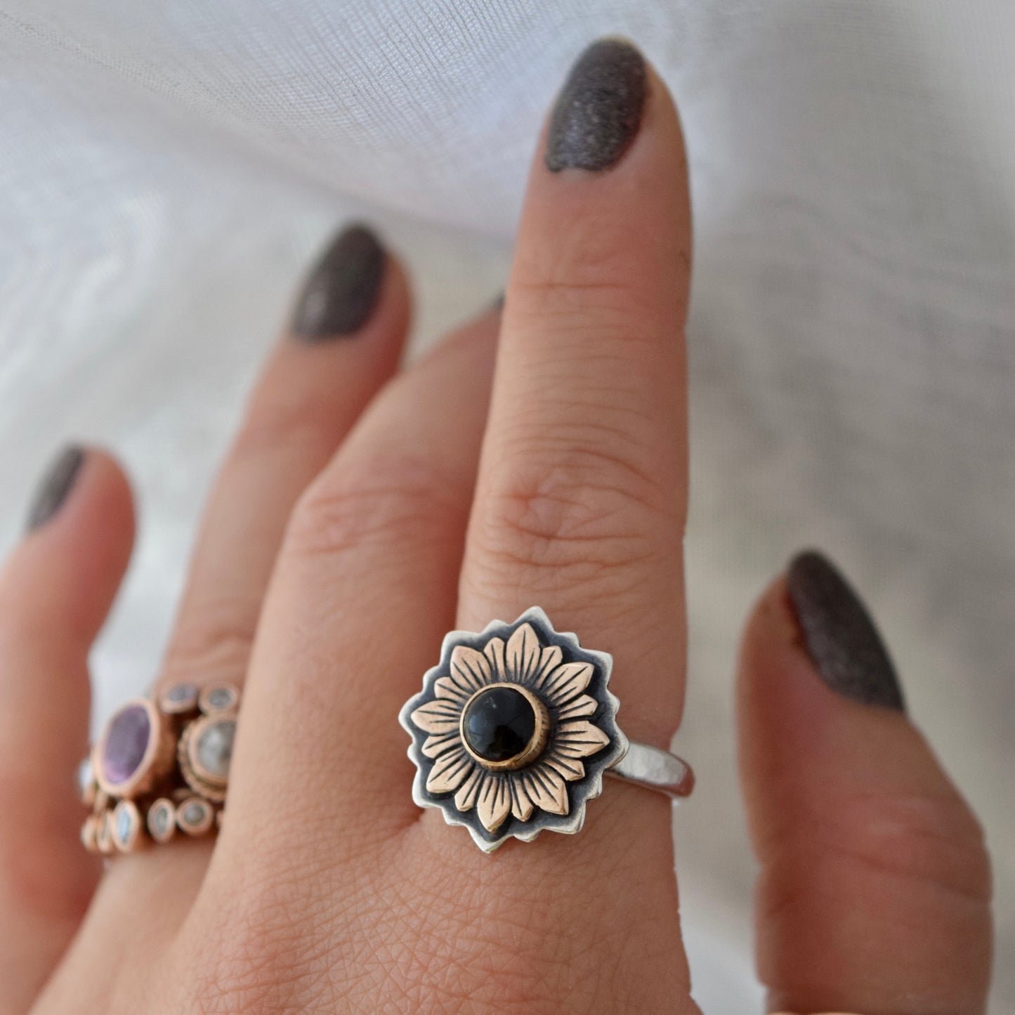 Sunflower Ring with Bronze, Gold Fill, and Black Onyx size 9