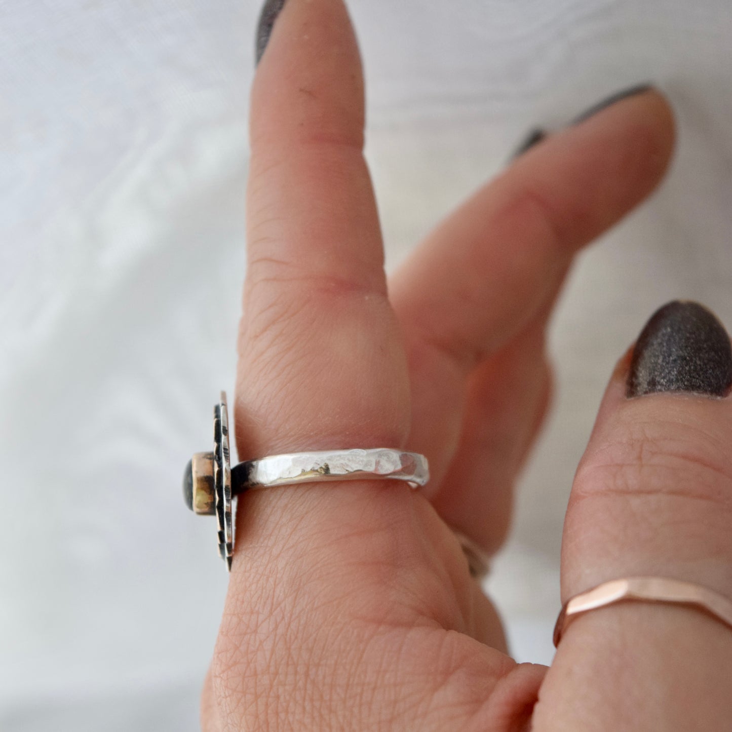 Sunflower Ring with Bronze, Gold Fill, and Black Onyx size 9