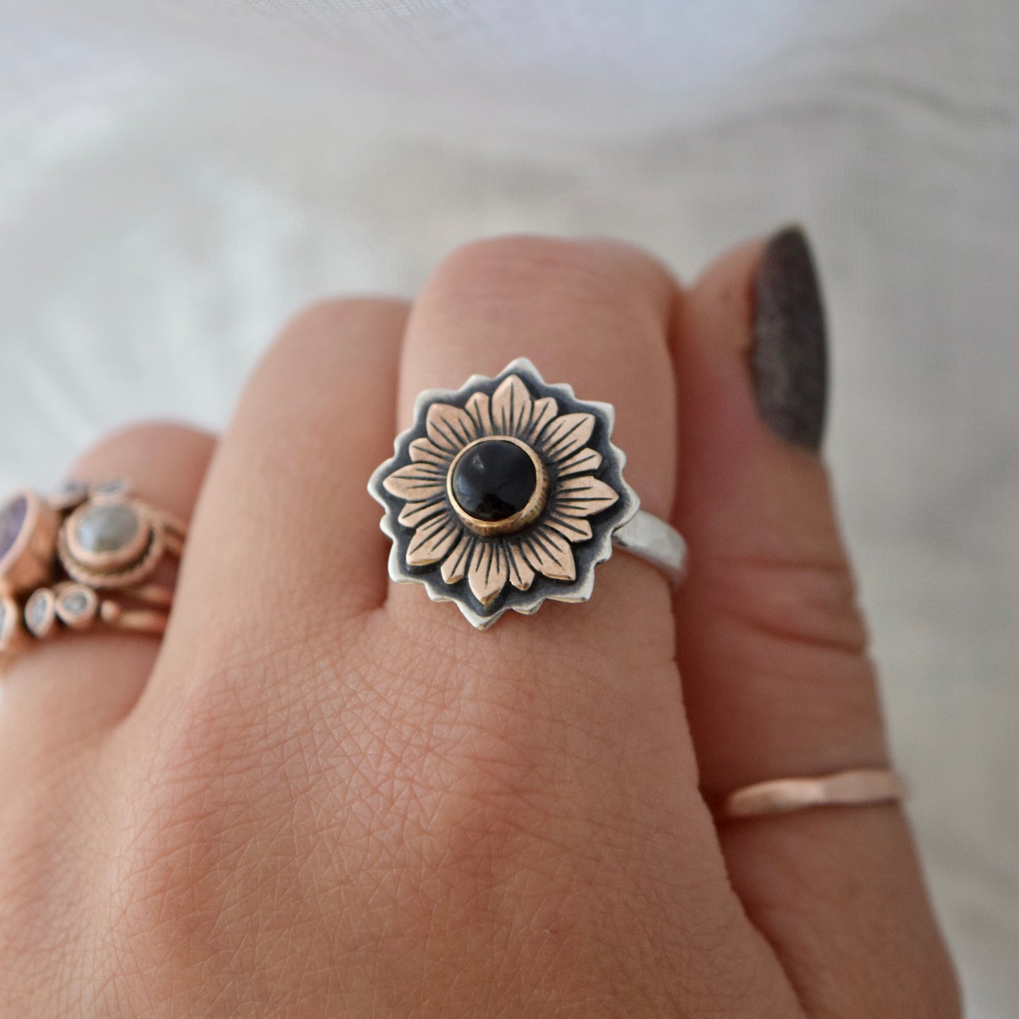 Sunflower Ring with Bronze, Gold Fill, and Black Onyx size 9