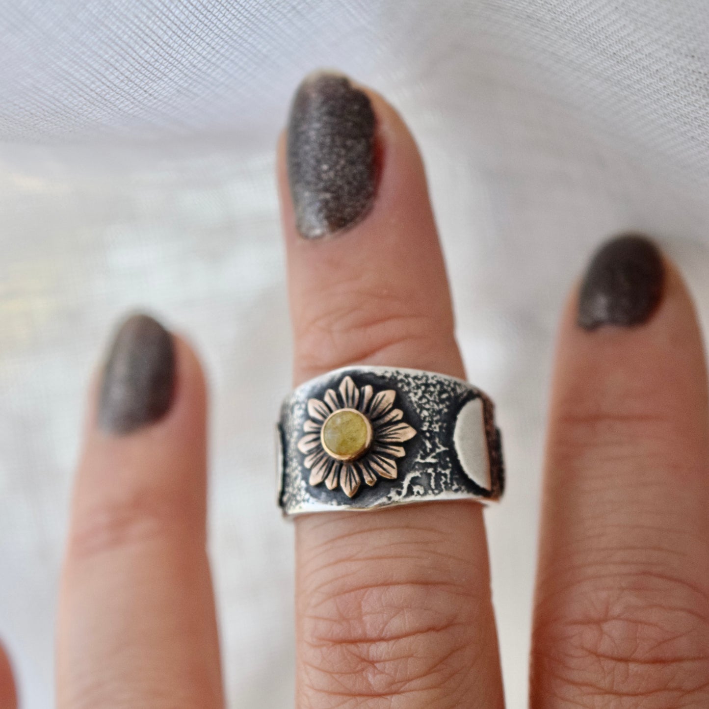 Sunflower Phase Ring with Bronze, Gold Fill, and Golden Rutilated Quartz size 5.75/6
