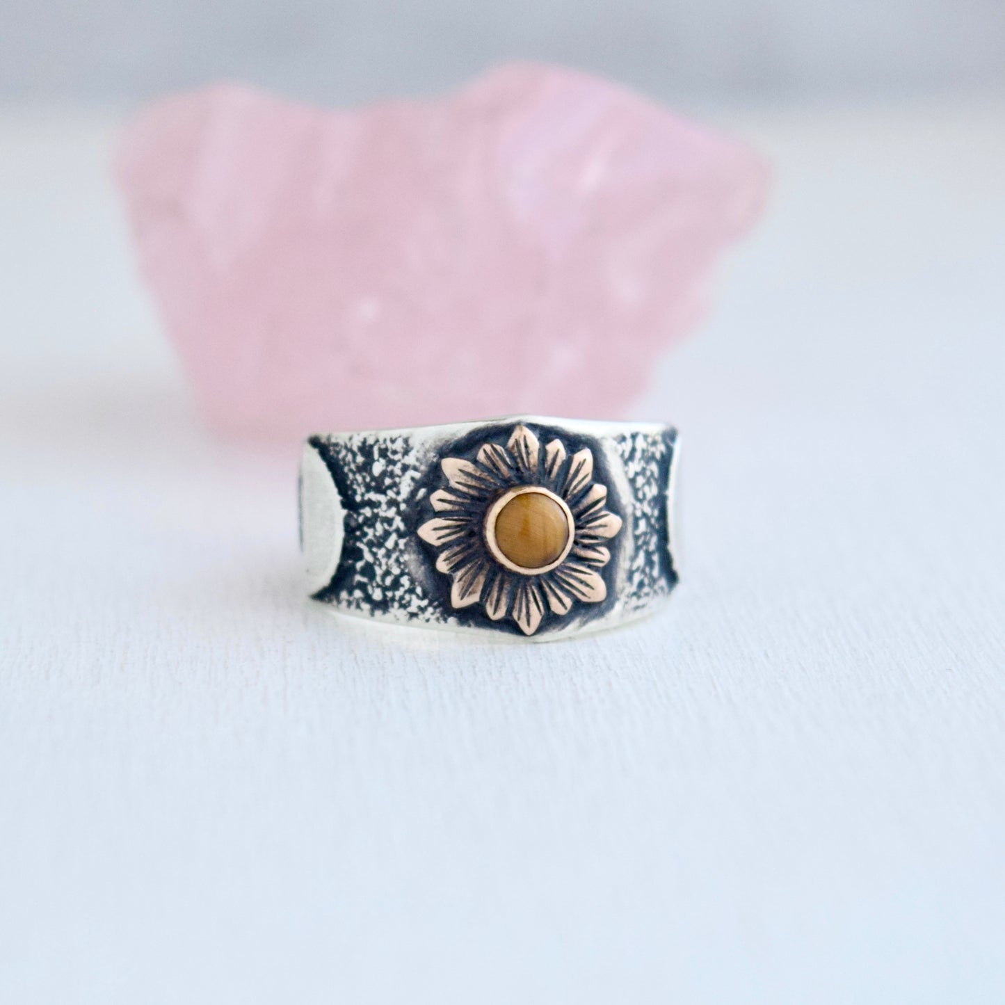 Sunflower Phase Ring with Bronze, Gold Fill, and Tigers Eye size 5.5
