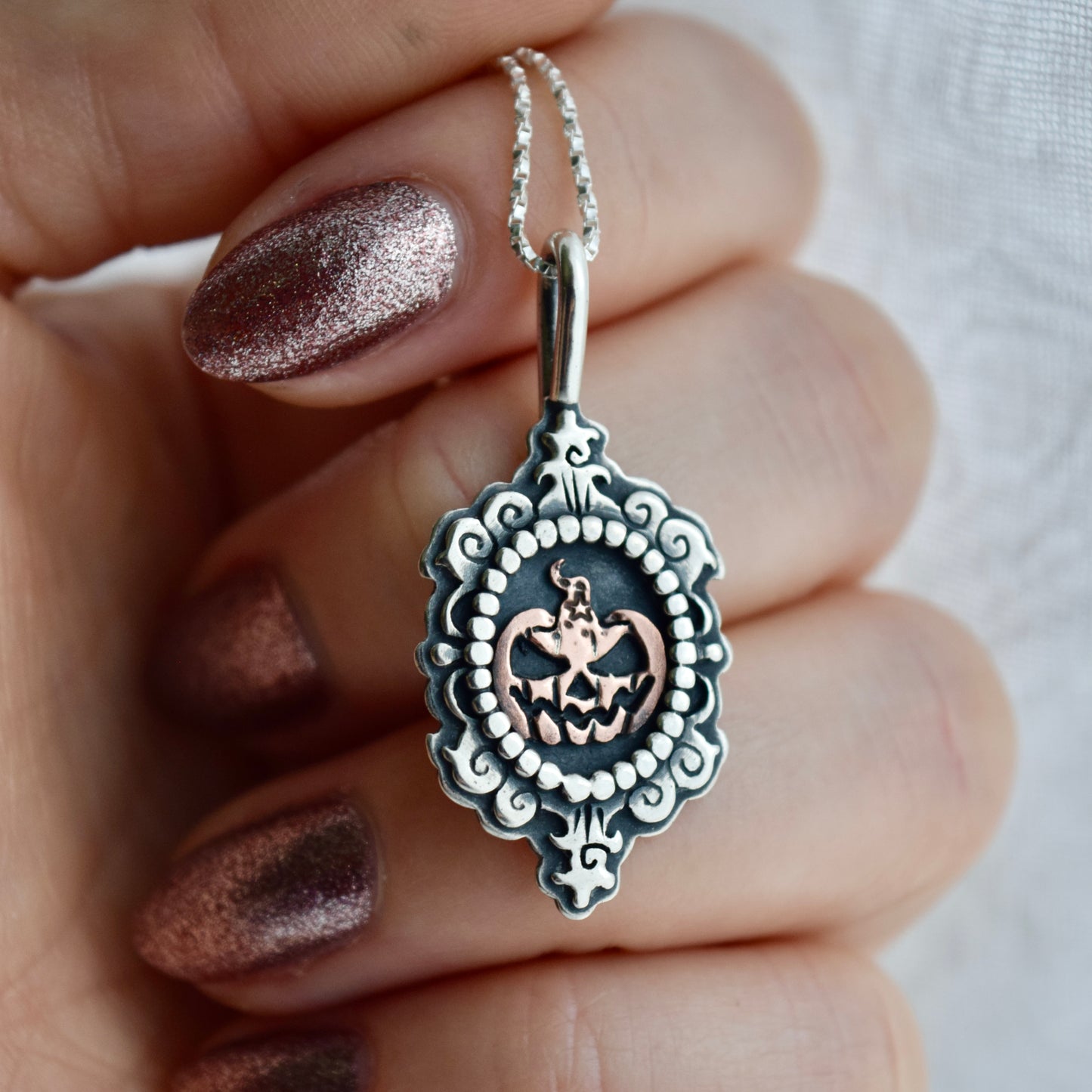 Enchanted Pumpkin Head Cameo Necklace with Copper
