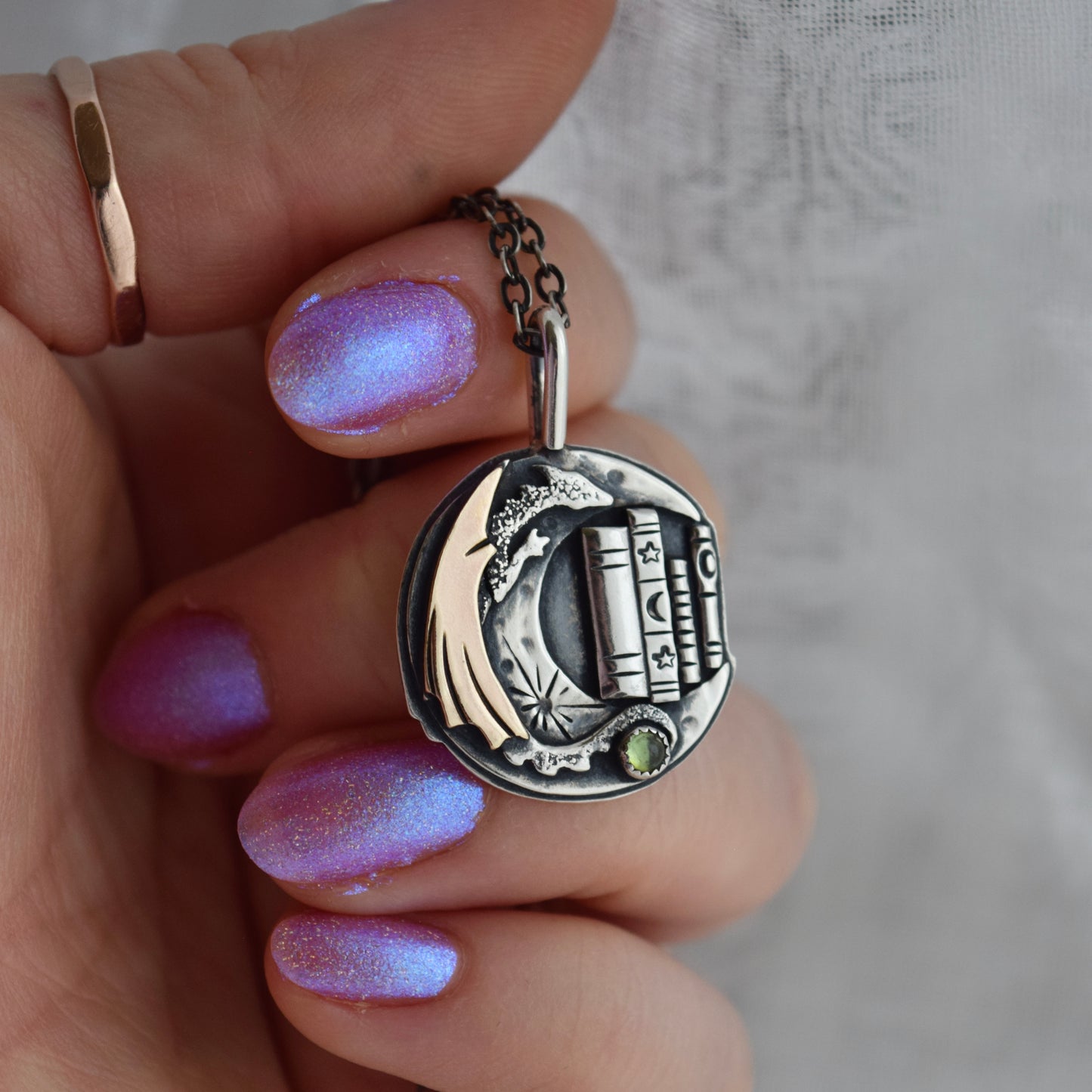 Lunar Bookshelf Necklace with Gold Fill and Green Tourmaline