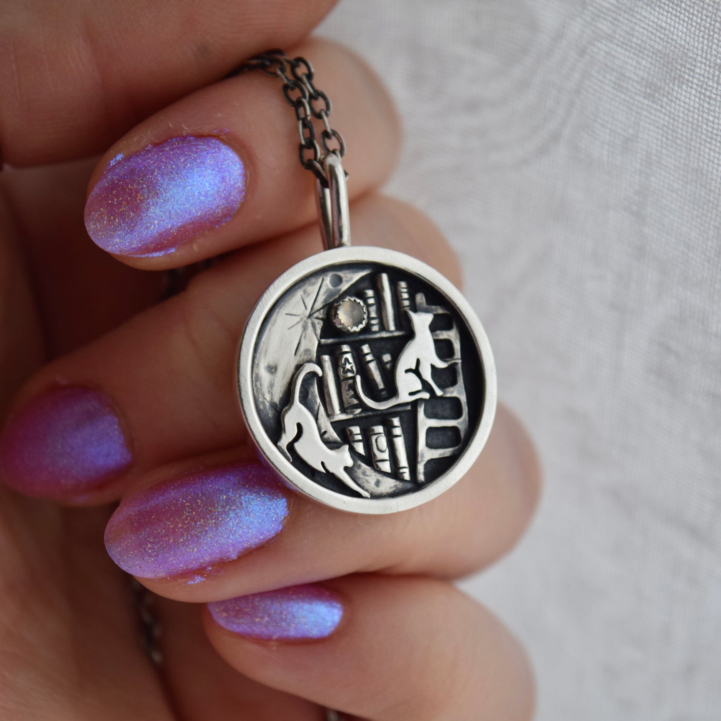 Lunar Library Necklace with Rainbow Moonstone