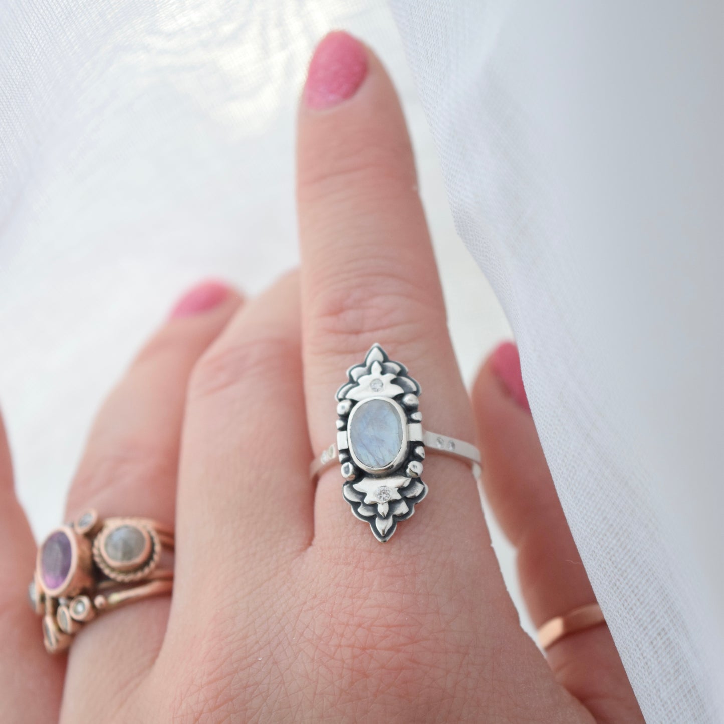 Rainbow Moonstone and .01c/.02c Diamonds Ring Size 7