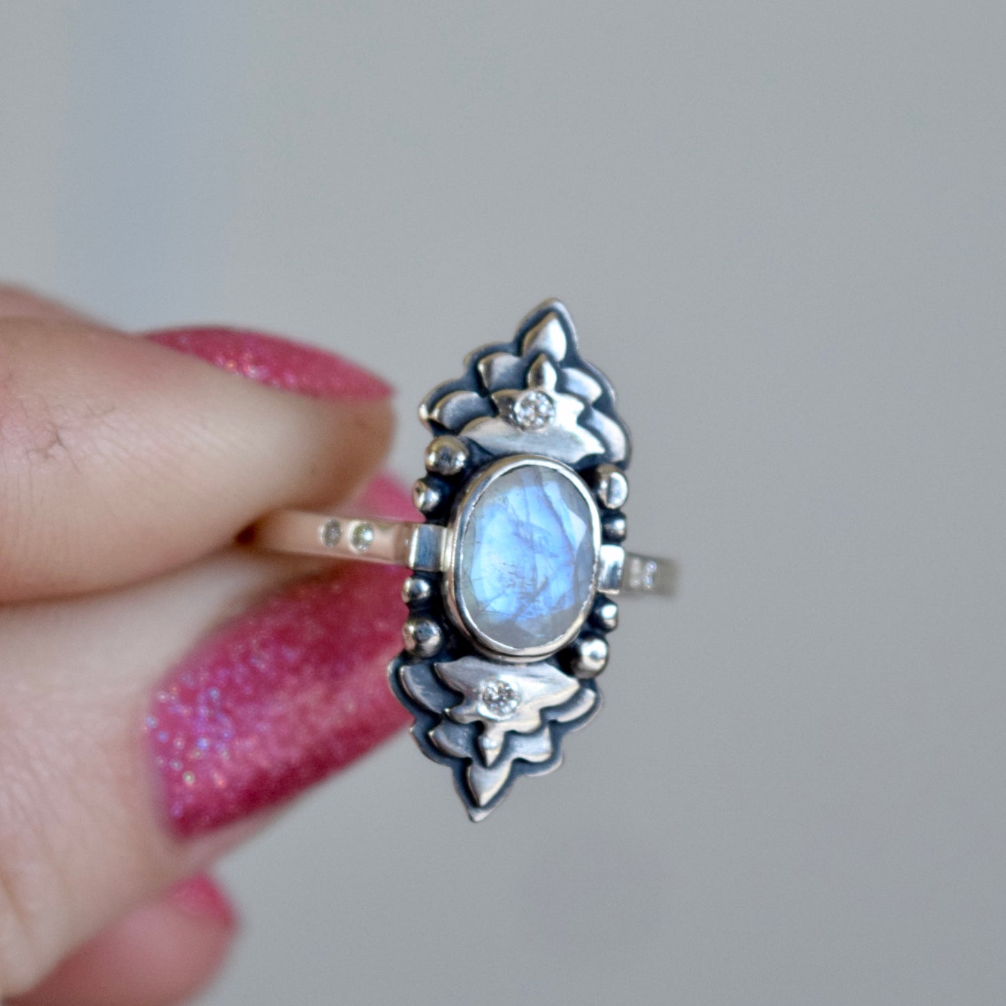 Rainbow Moonstone and .01c/.02c Diamonds Ring Size 7