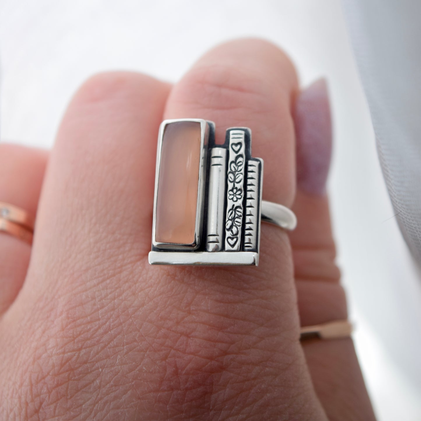 Bookshelf Ring with Pink Chalcedony Size 8