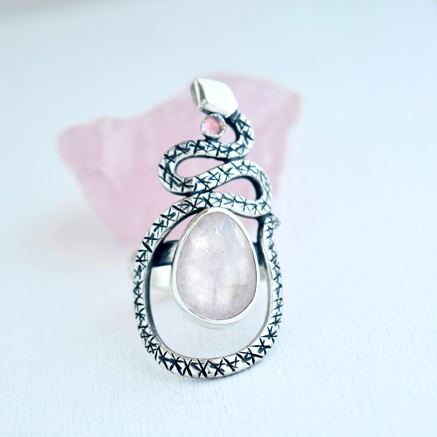 Serpent Ring with Morganite and Tourmaline size 7.75