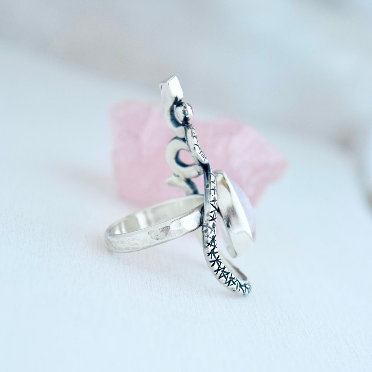 Serpent Ring with Morganite and Tourmaline size 7.75