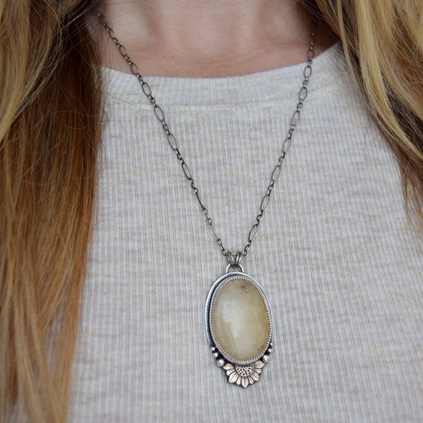 Turn Towards the Sun Worry Stone Pendant with Yellow Quartz and Bronze