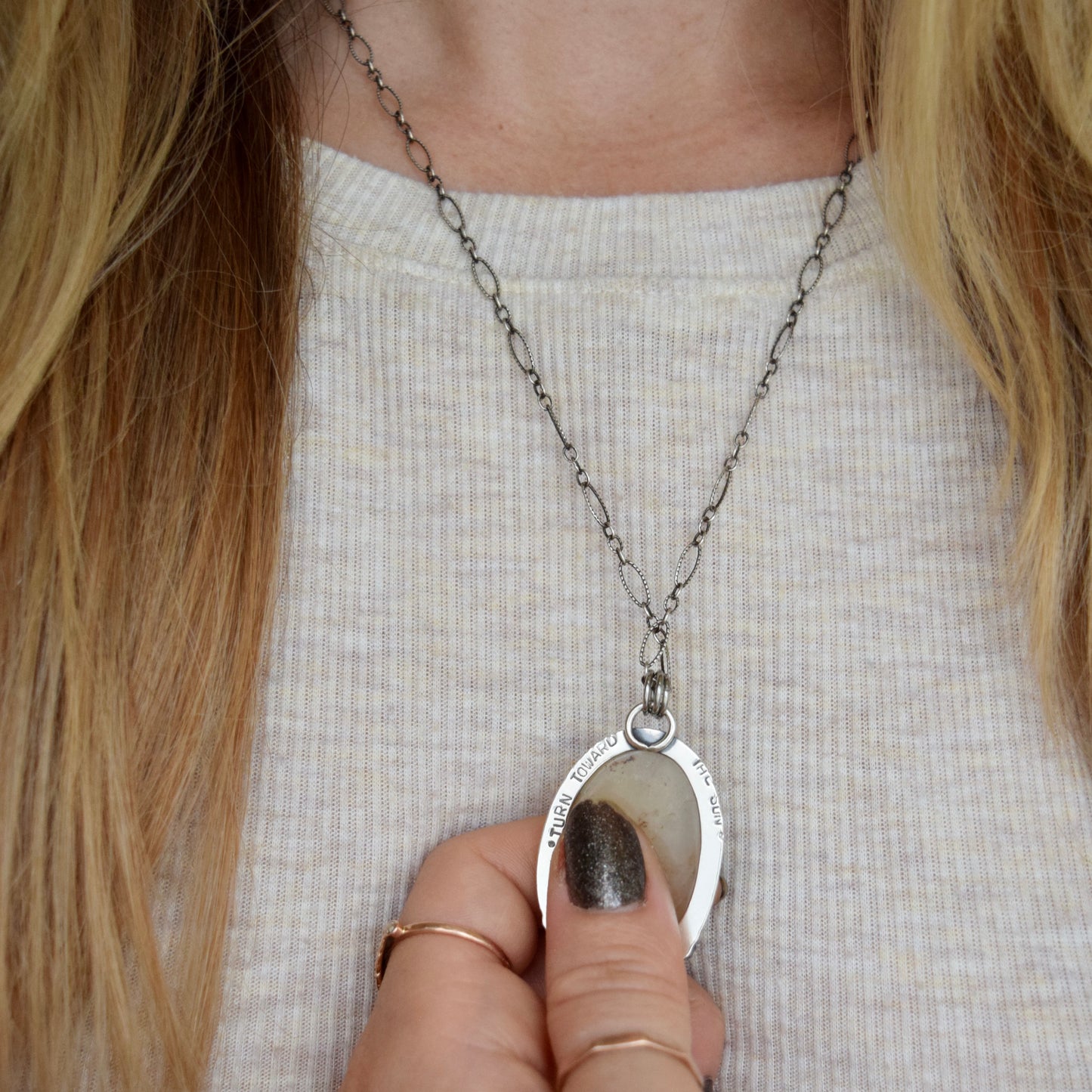 Turn Towards the Sun Worry Stone Pendant with Yellow Quartz and Bronze