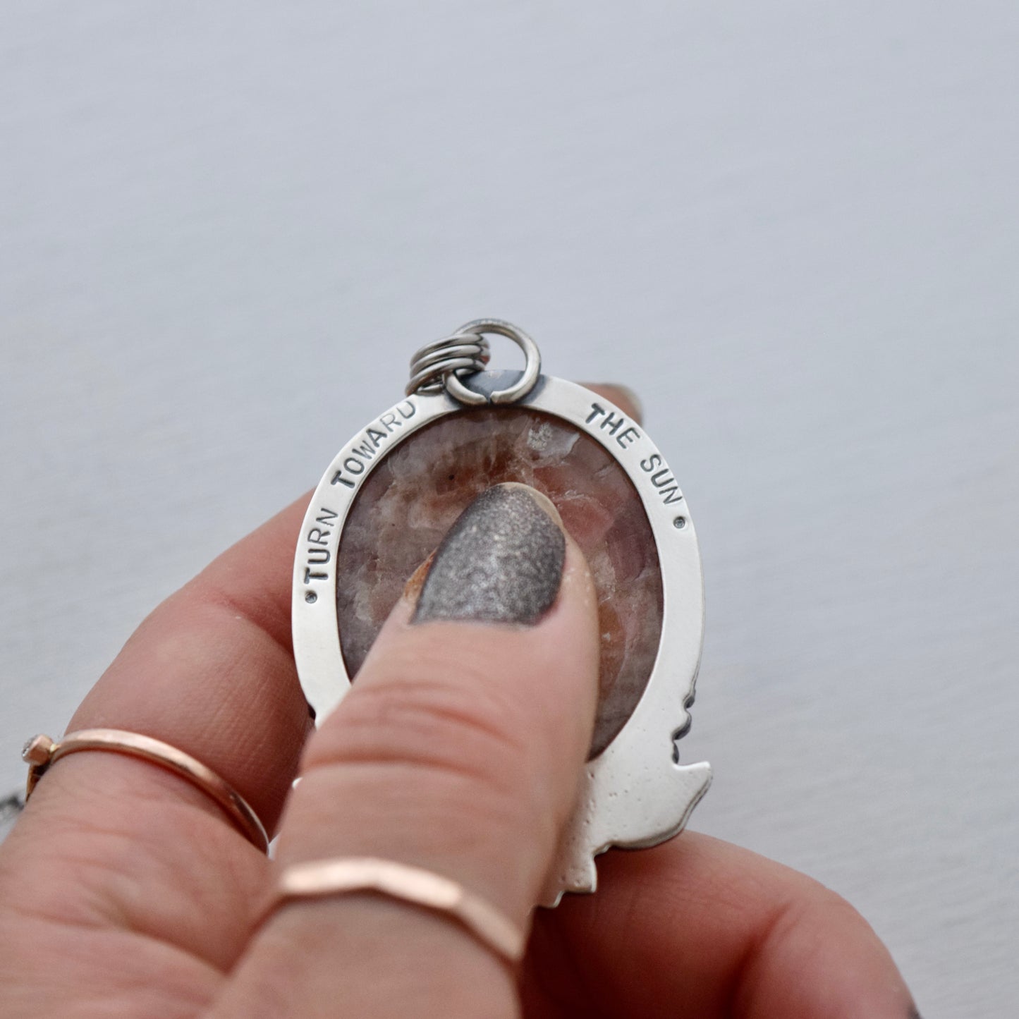 Turn Towards the Sun Worry Stone Pendant with Sunstone and Bronze