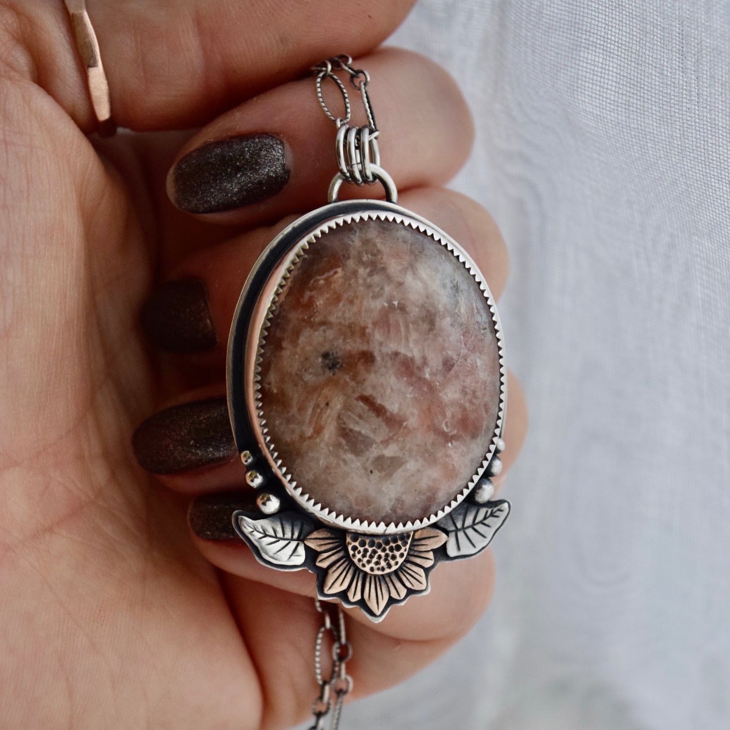 Turn Towards the Sun Worry Stone Pendant with Sunstone and Bronze