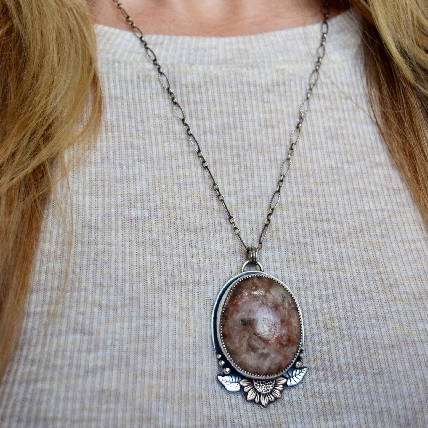 Turn Towards the Sun Worry Stone Pendant with Sunstone and Bronze