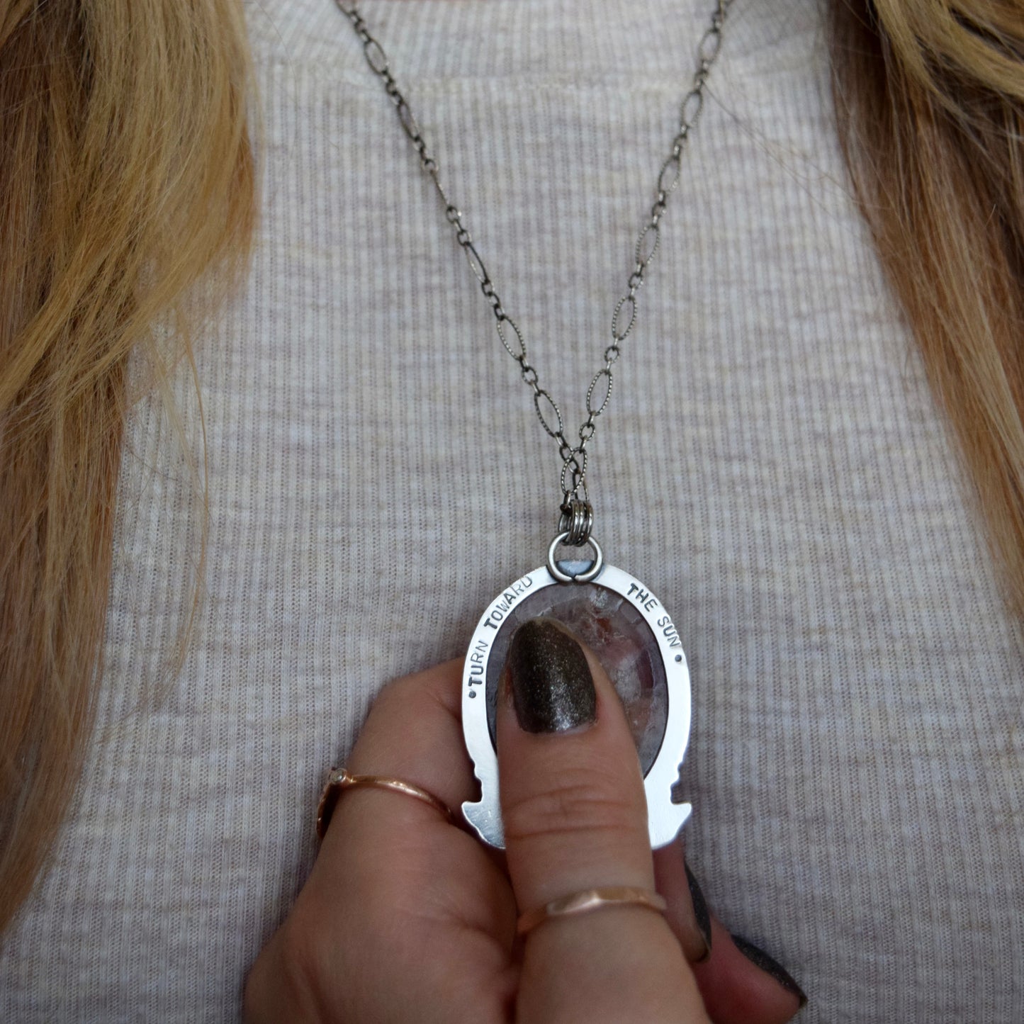 Turn Towards the Sun Worry Stone Pendant with Sunstone and Bronze