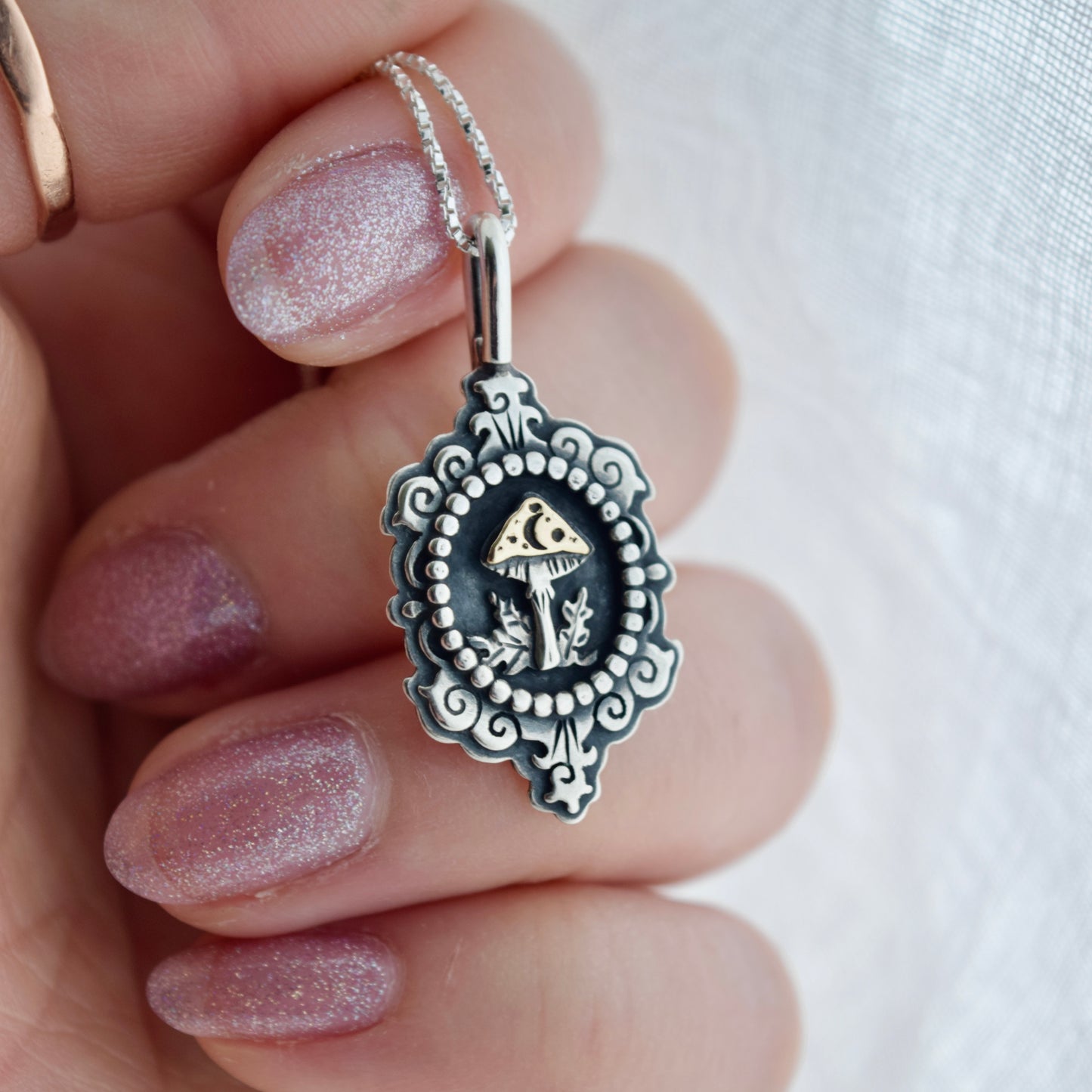 Midnight Mushroom Cameo Necklace with Yellow Gold Fill