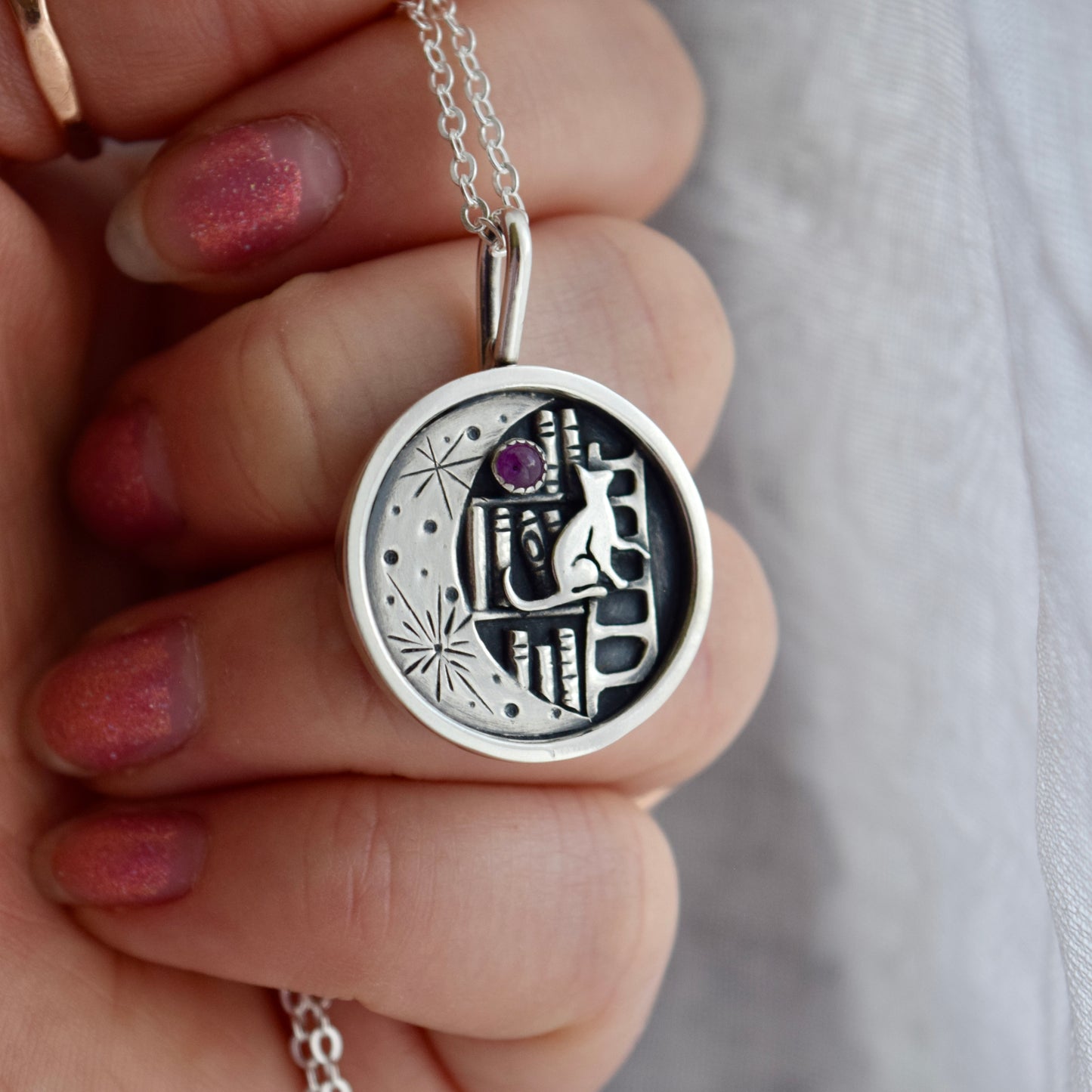 Lunar Library Necklace with Pink Sapphire