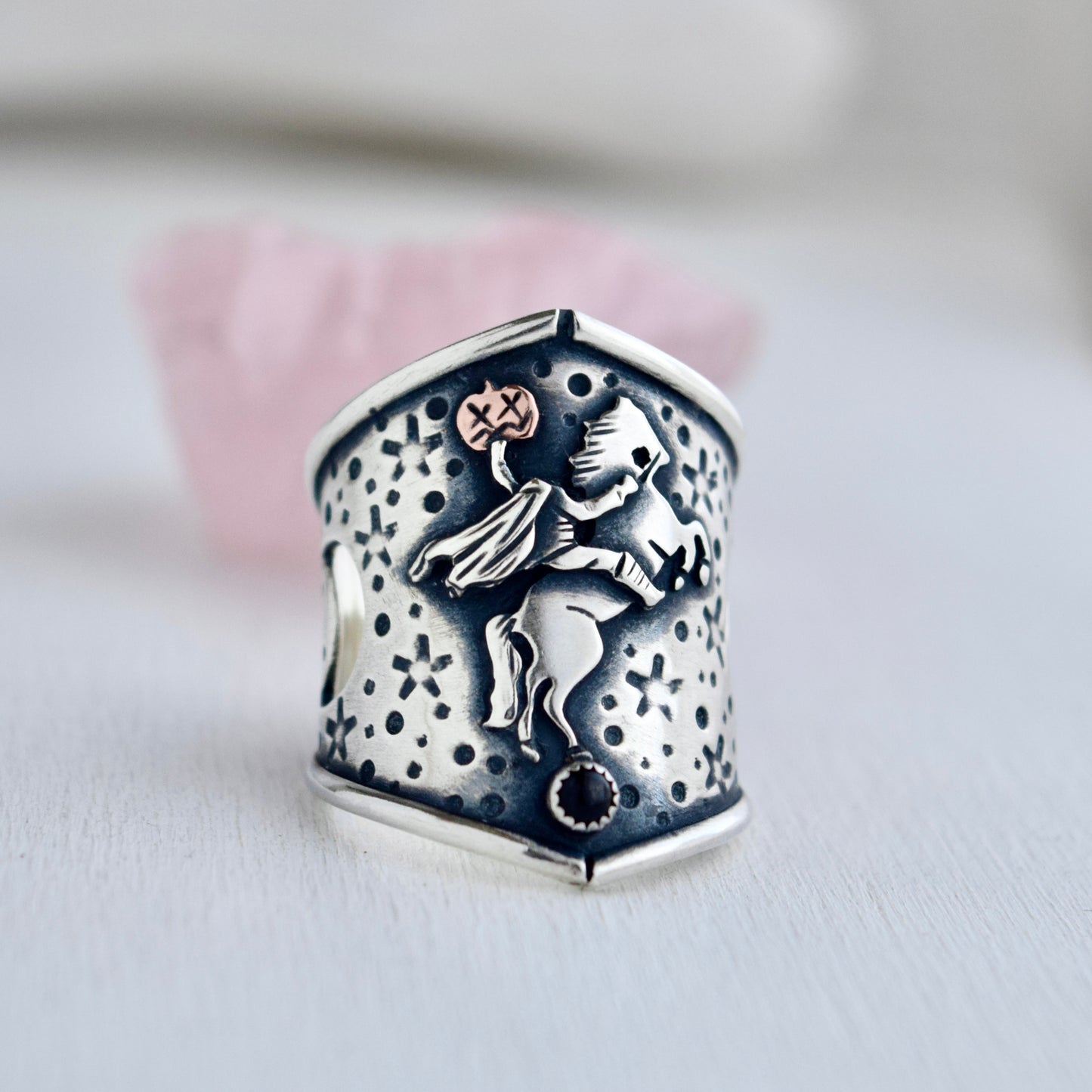 Headless Horseman Shield Ring Black Onyx and Copper size 7.75