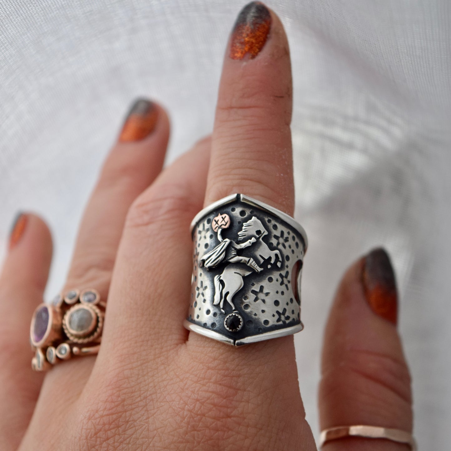 Headless Horseman Shield Ring Black Onyx and Copper size 7.75
