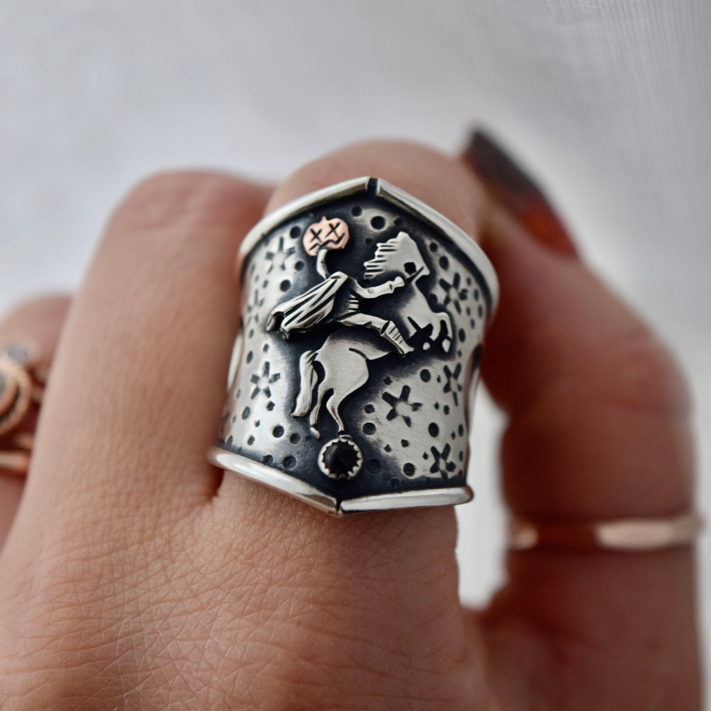 Headless Horseman Shield Ring Black Onyx and Copper size 7.75
