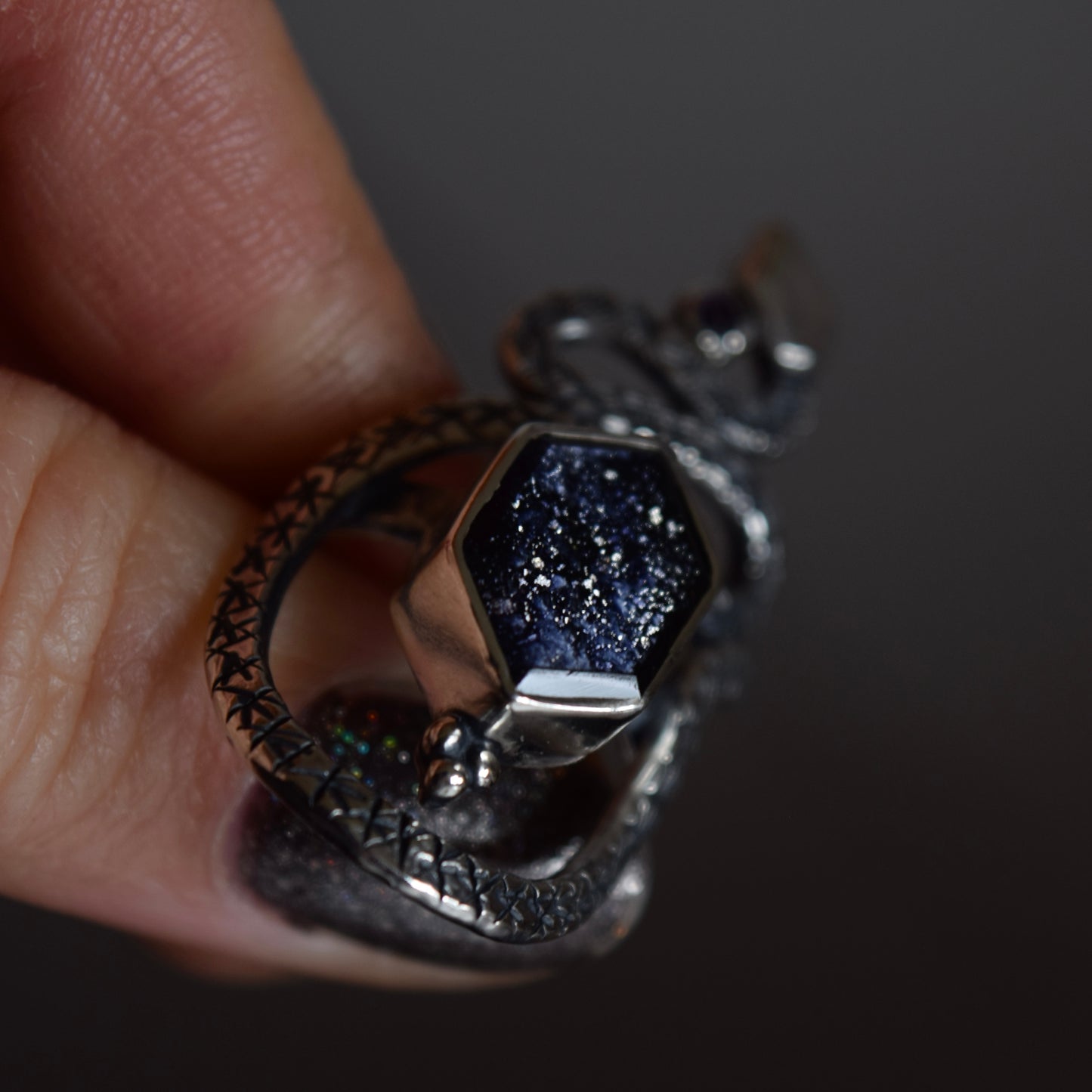 Serpent Ring with Iolite and Amethyst size 8