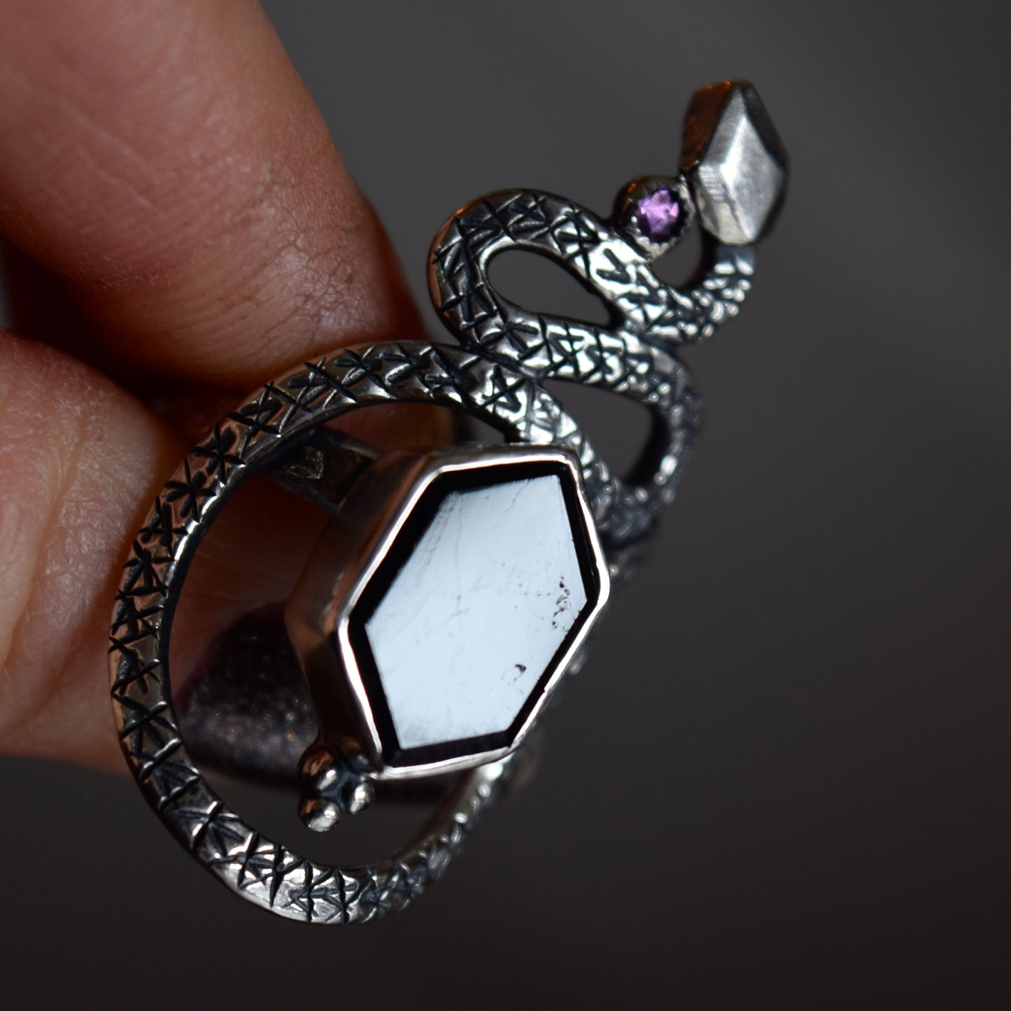 Serpent Ring with Iolite and Amethyst size 8