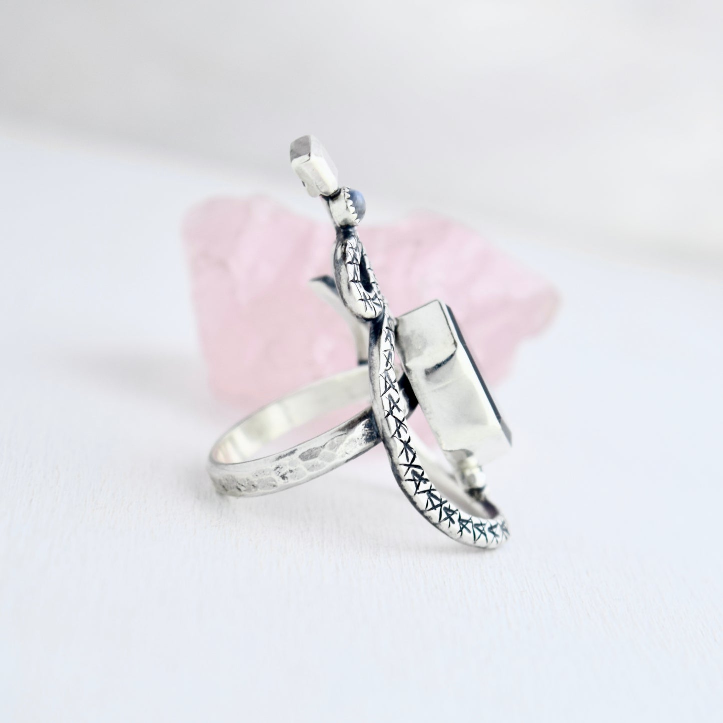 Serpent Ring with Iolite and Rainbow Moonstone size 7