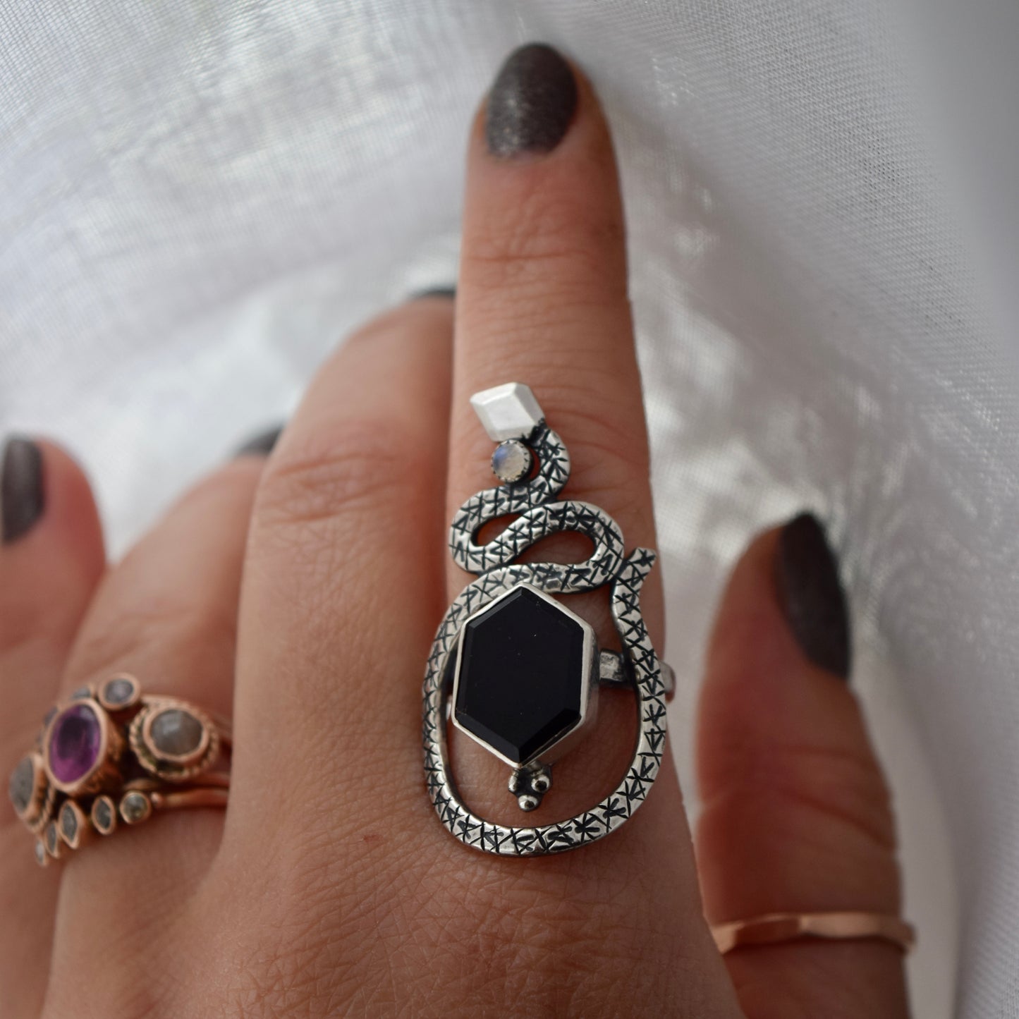 Serpent Ring with Iolite and Rainbow Moonstone size 7