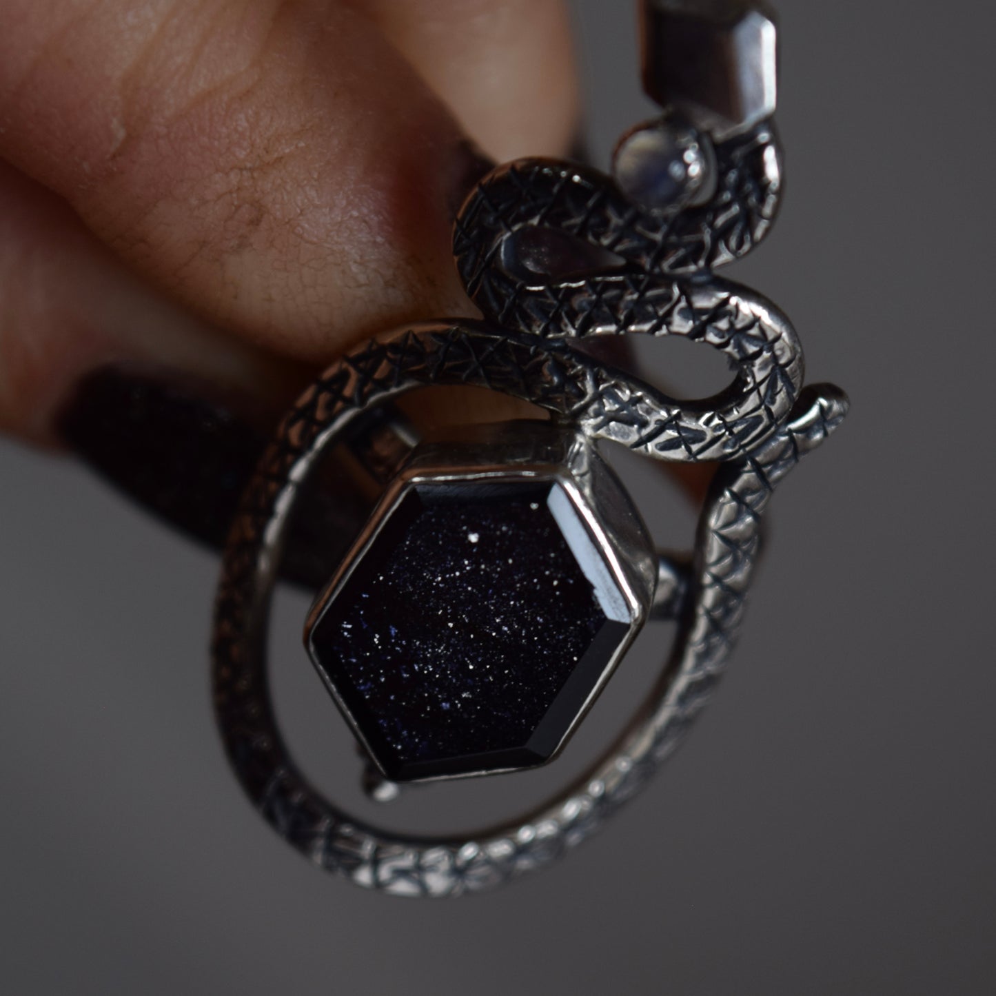 Serpent Ring with Iolite and Rainbow Moonstone size 7