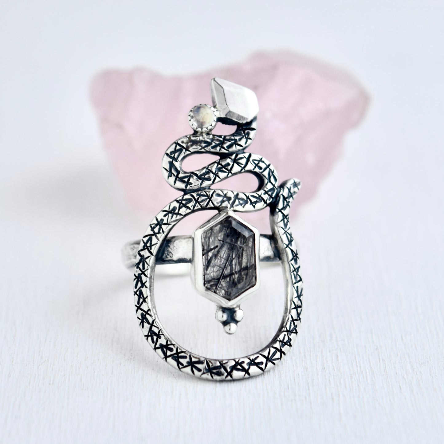 Serpent Ring with Rutilated Quartz and Rainbow Moonstone Size 9