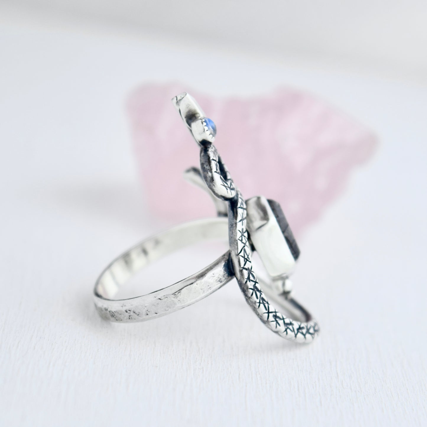 Serpent Ring with Rutilated Quartz and Rainbow Moonstone Size 9