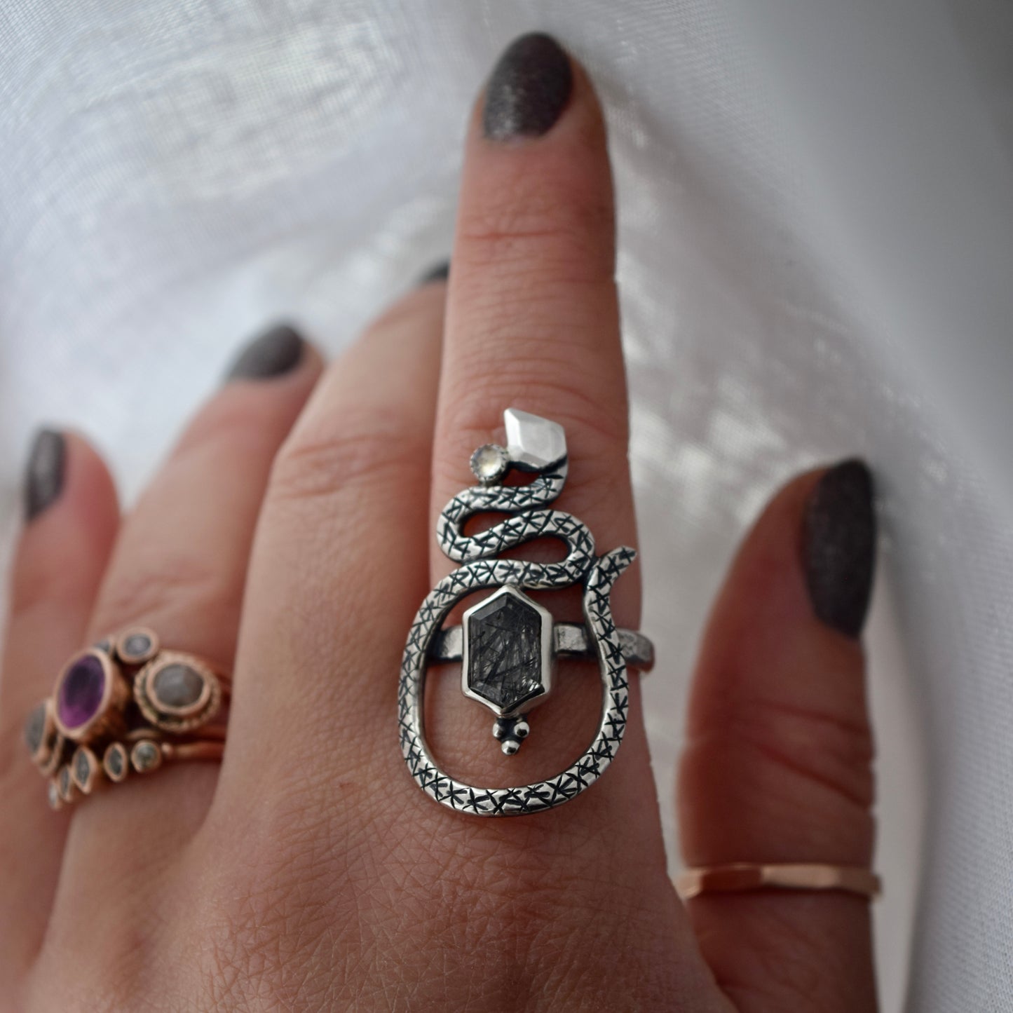 Serpent Ring with Rutilated Quartz and Rainbow Moonstone Size 9